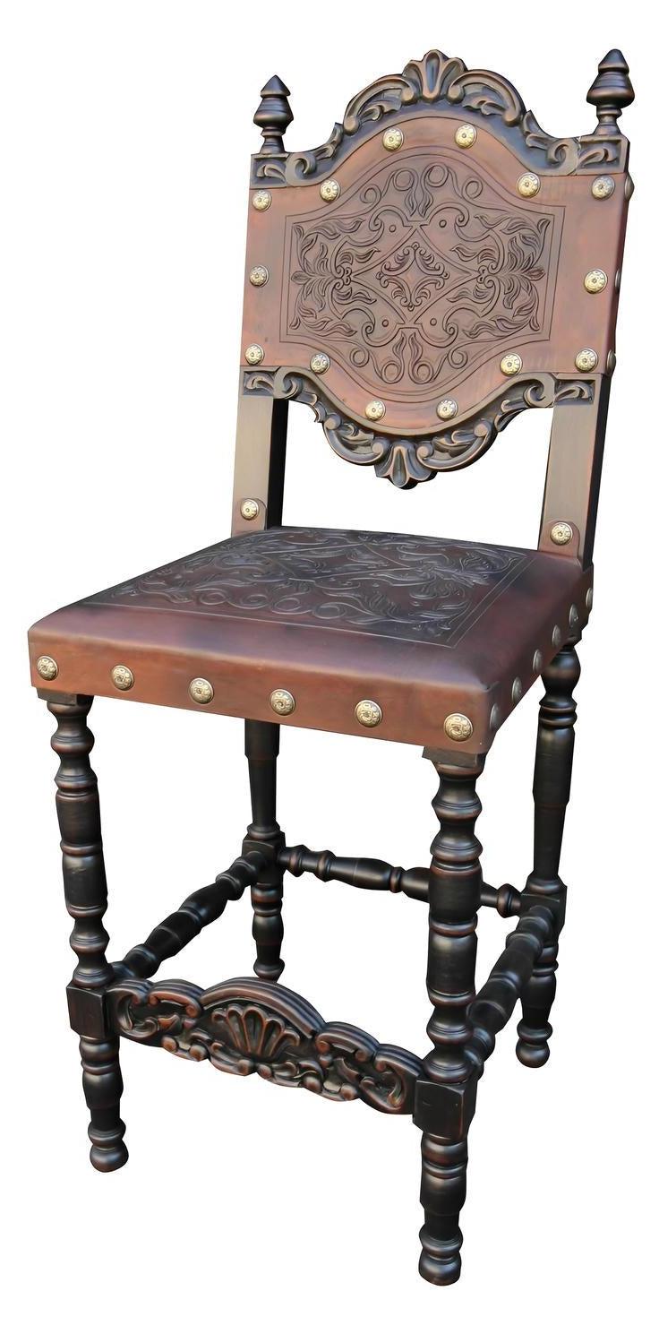 Obernai Counter Height Stools (3-Pack), Dark Brown, Brass Studded Leather Seat, Vintage Hand-Carved Detailing