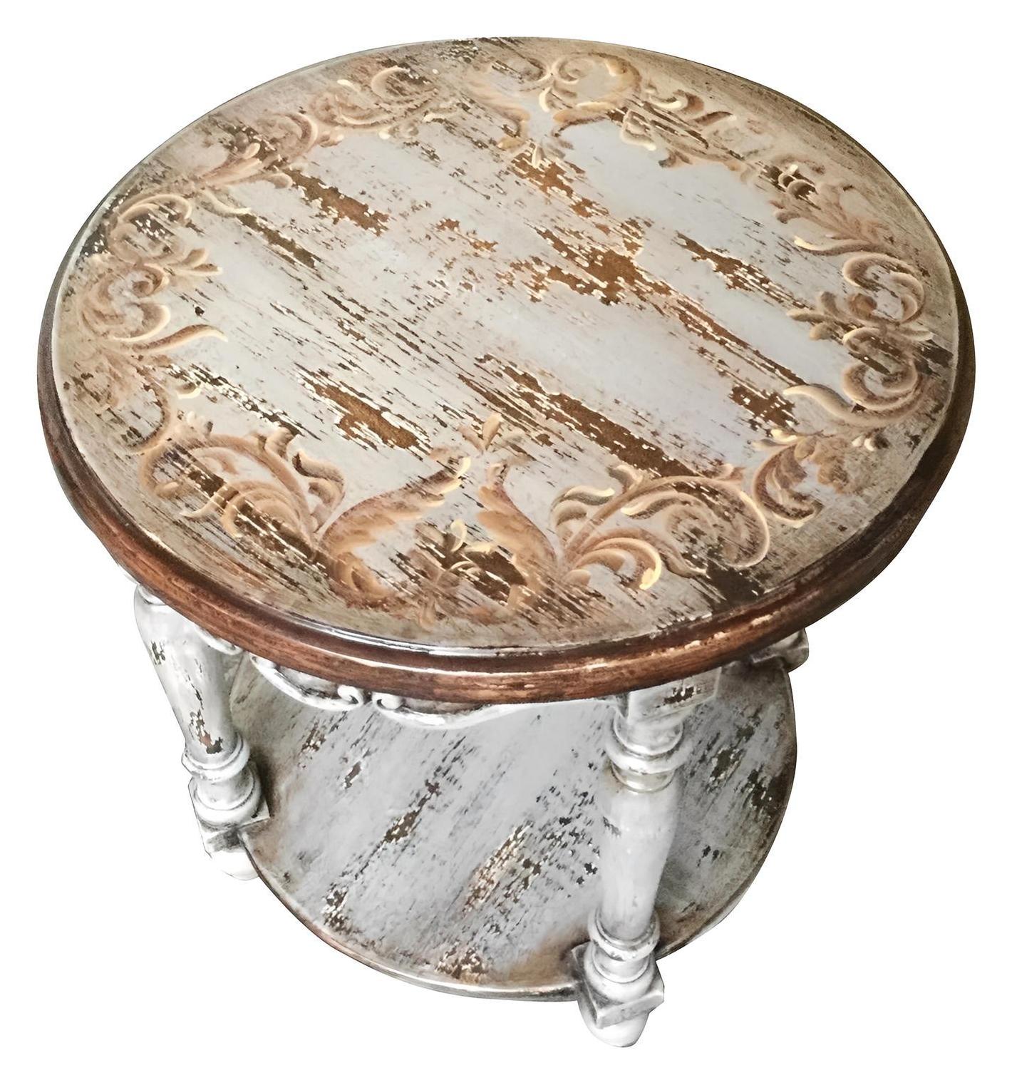 Yssingeaux End Tables (2-Pack), Distressed White And Antique Brown, Round Table With Carved Edge