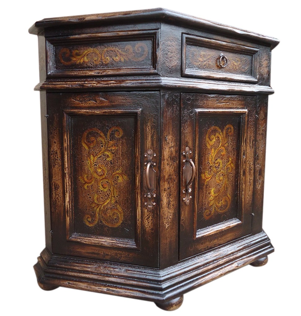 La Réole Chest, Dark Antique Brown, Hand Painted Gold Filigree And Distressed Rustic Finish