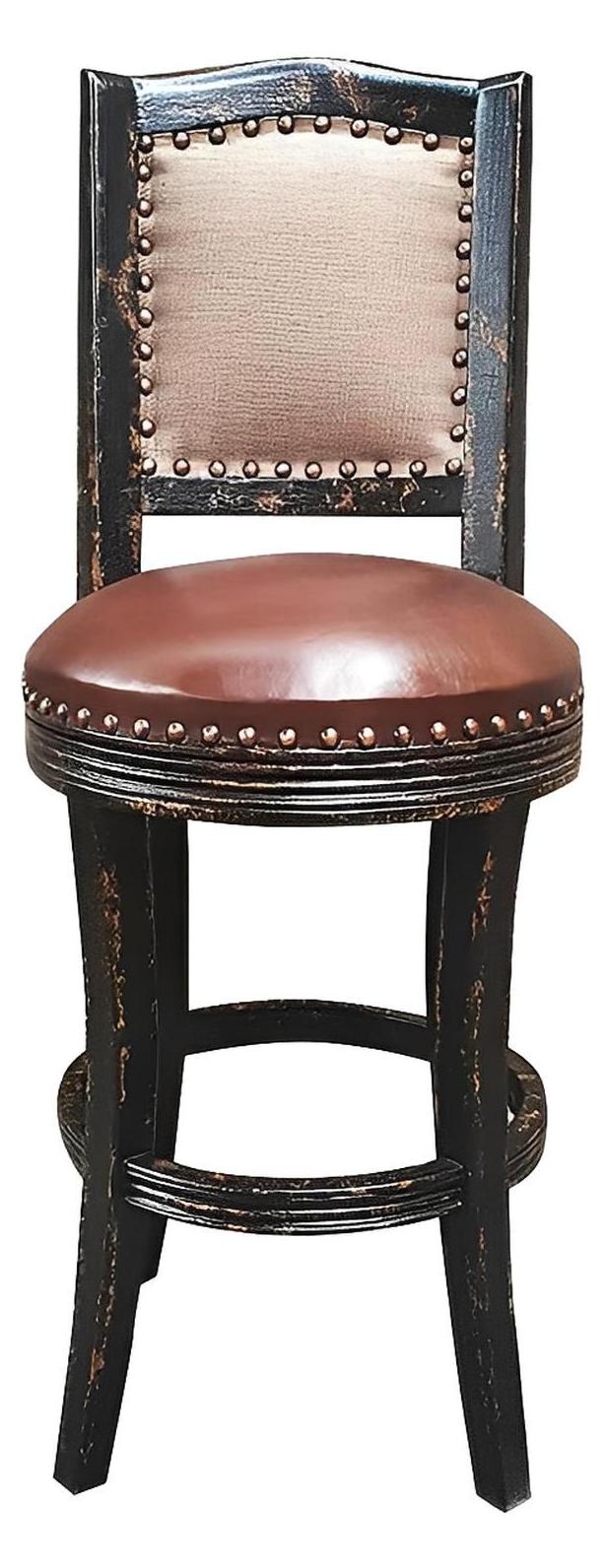 Merdrignac Barstools (3-Pack) Black Frame, Rustic Brown Leather Seat With Nailhead Trim
