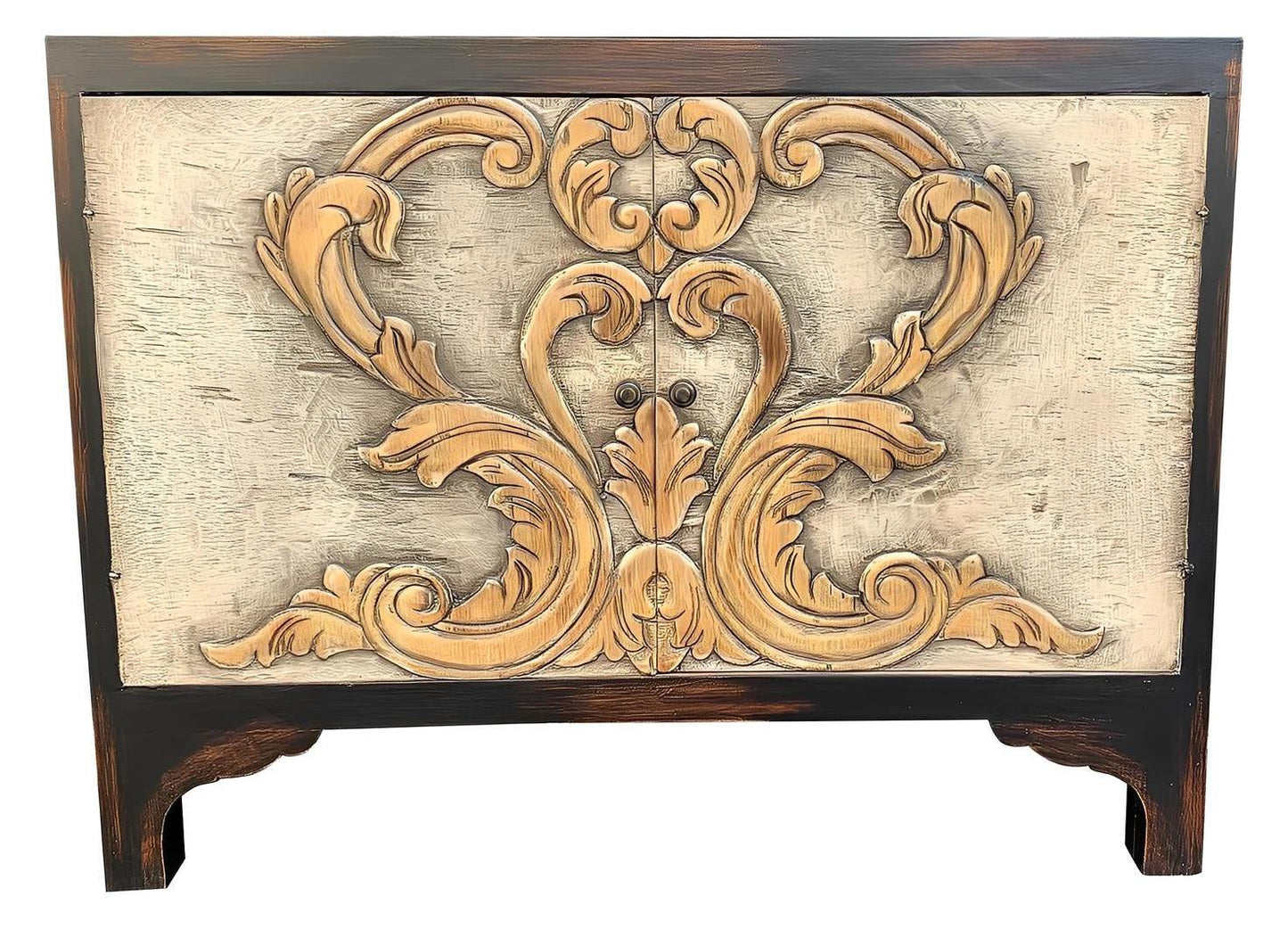 La Roque-Gageac Chest, Distressed Gray, Hand-Carved Ornate Floral Overlay, Vintage Accent Cabinet