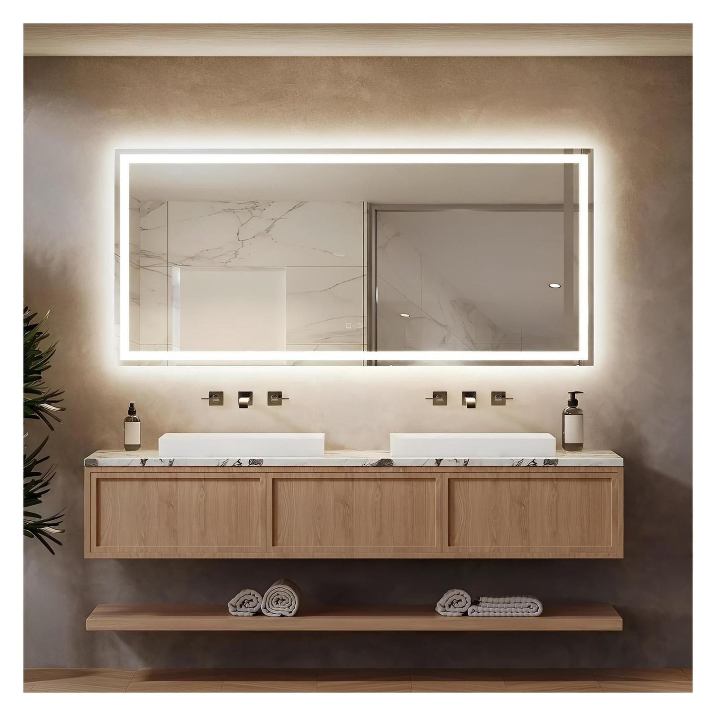 Deluxe Center Glow LED Bathroom Mirror (50+ in) - Adjustable Brightness and Color Temperature - Anti-Fog