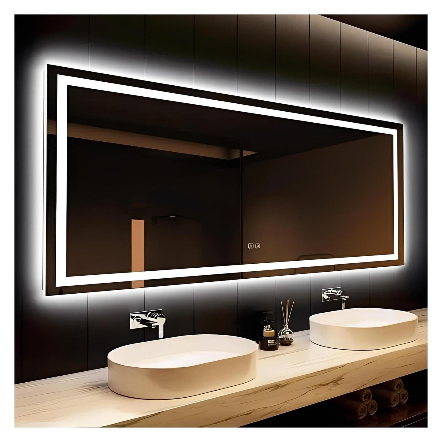 Deluxe Center Glow LED Bathroom Mirror (50+ in) - Adjustable Brightness and Color Temperature - Anti-Fog