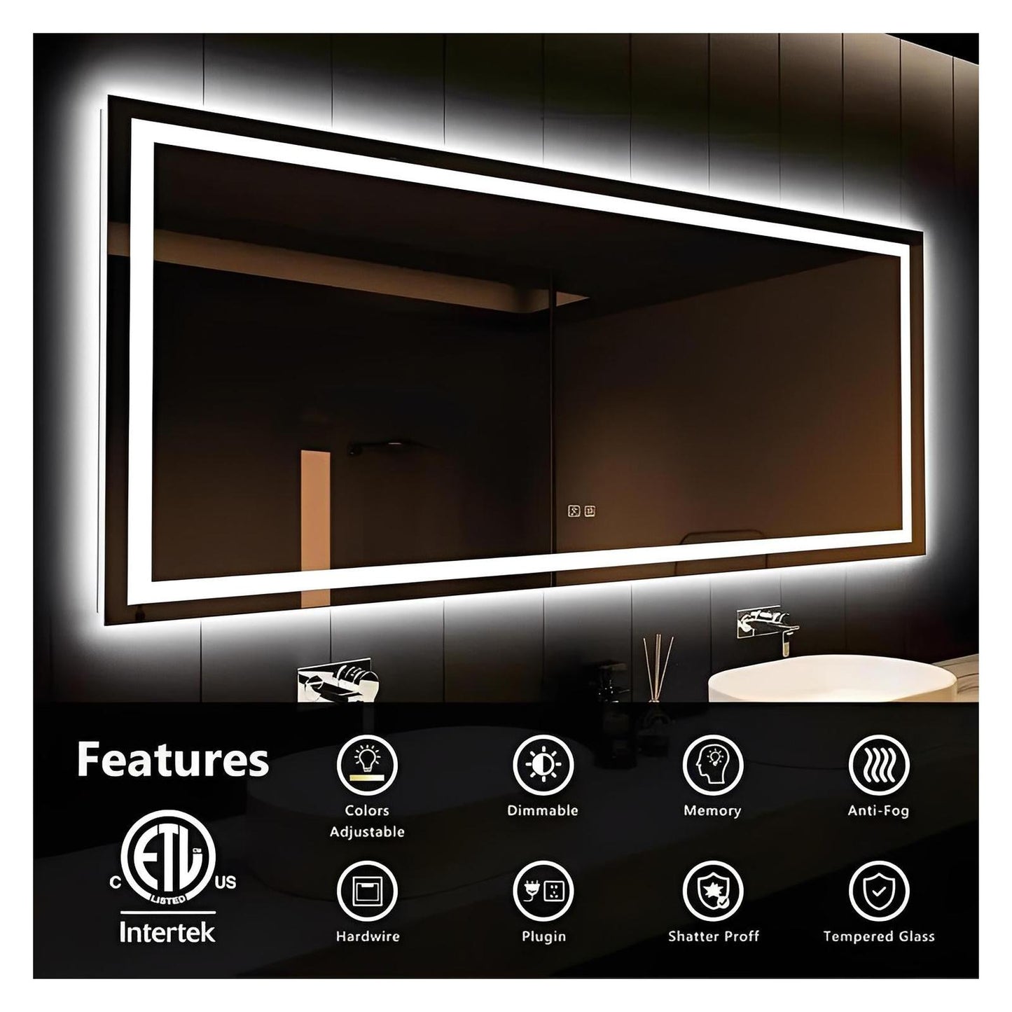 Deluxe Center Glow LED Bathroom Mirror (50+ in) - Adjustable Brightness and Color Temperature - Anti-Fog