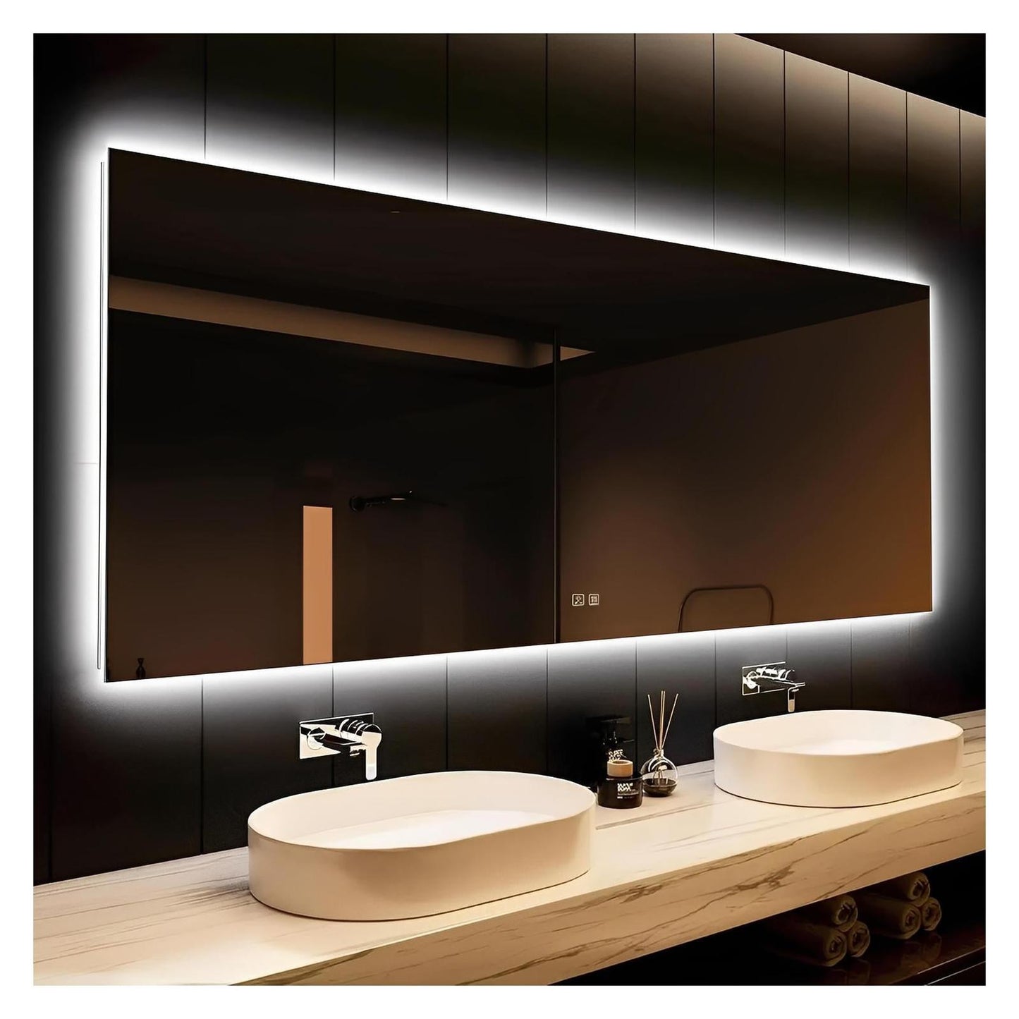 Deluxe Sleek Backlit LED Bathroom Mirror (50+ in) - Adjustable Brightness and Color Temperature - Anti-Fog