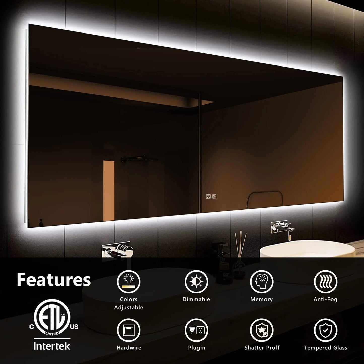 Deluxe Sleek Backlit LED Bathroom Mirror (50+ in) - Adjustable Brightness and Color Temperature - Anti-Fog