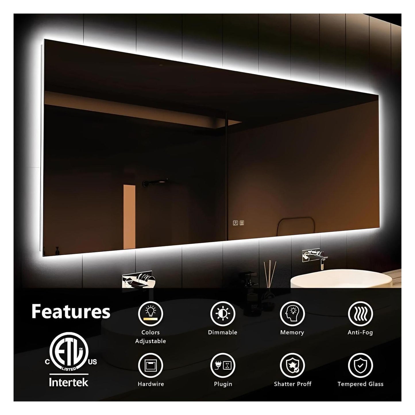 Deluxe Sleek Backlit LED Bathroom Mirror (50+ in) - Adjustable Brightness and Color Temperature - Anti-Fog