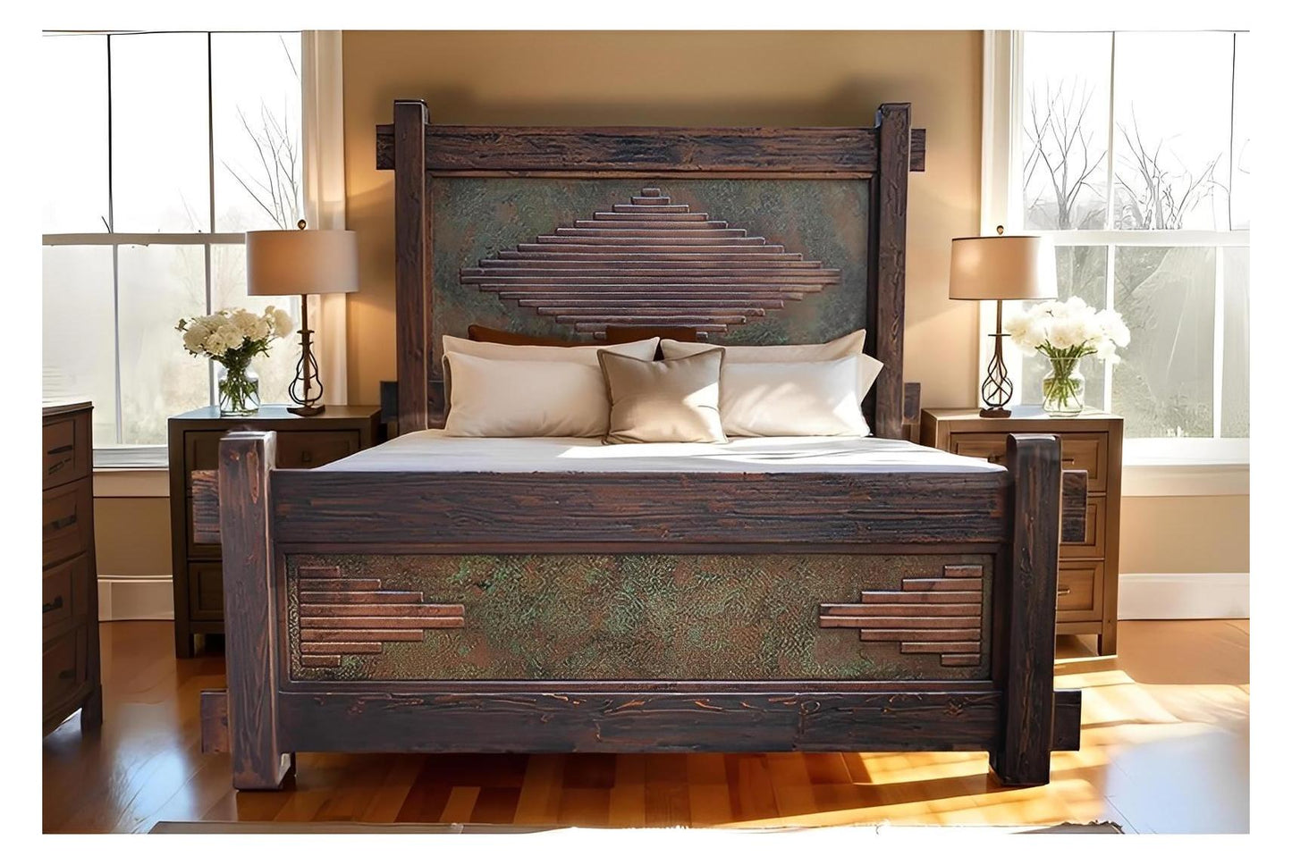 WyldRidge Southwest Rustic Handcarved Wood Bed Walnut with Copper Inlay Panels - Includes Full Service Delivery