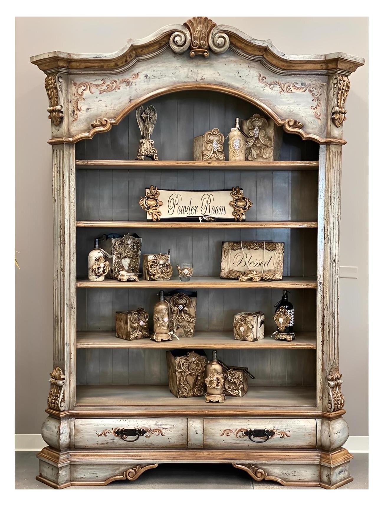 Collobrières Bookcase, Antique Blue With Gold Accents, Hand-Painted Ornate Arched Crown