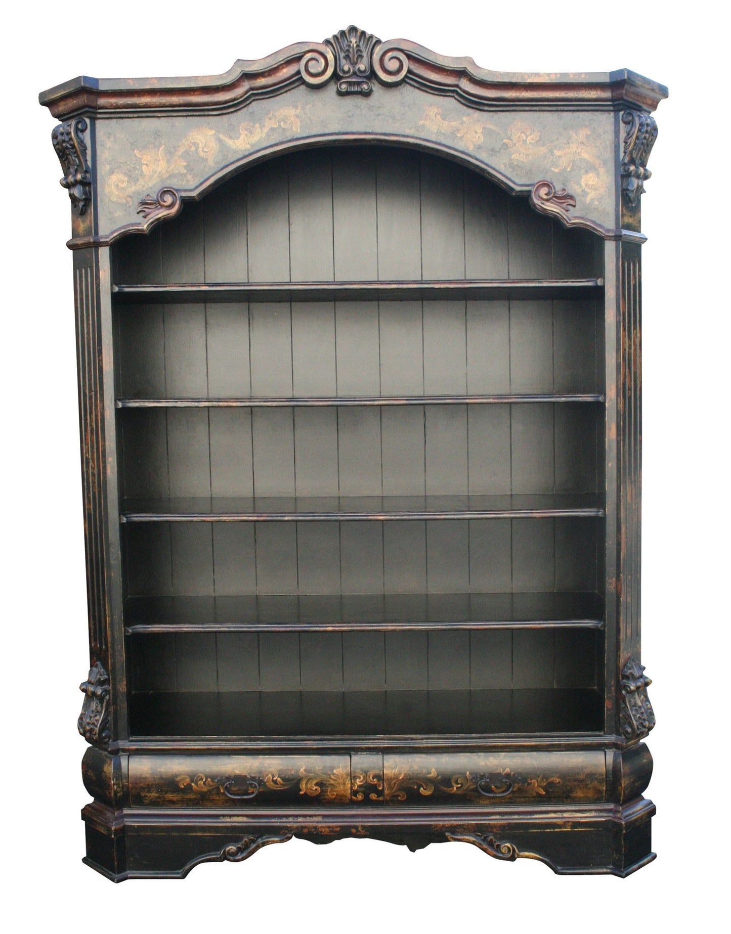 Dinan Bookcase Black, Distressed Finish With Arched Top And Antique Gold Scroll Detailing
