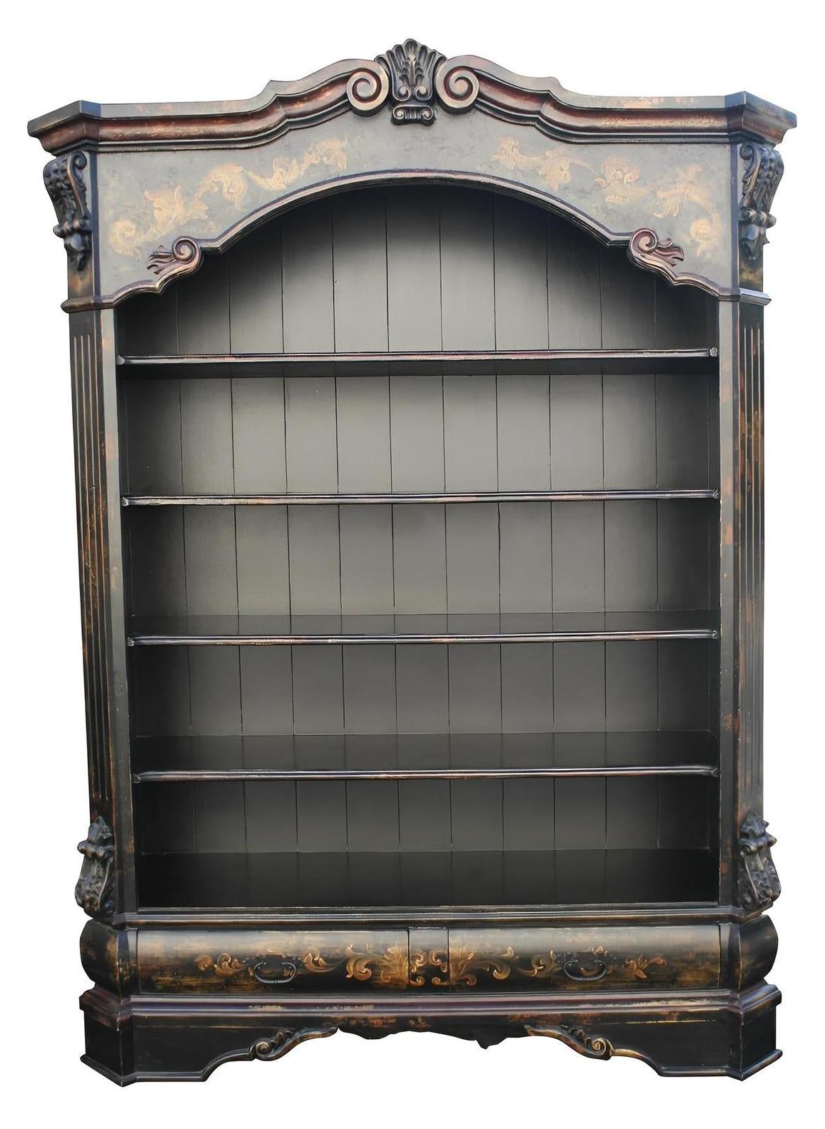 Dinan Bookcase Black, Distressed Finish With Arched Top And Antique Gold Scroll Detailing