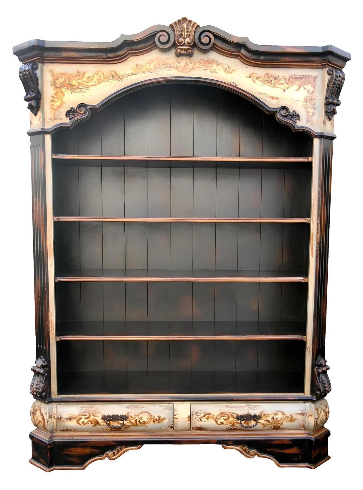 Cucuron Bookcase, Distressed Black With Antique Cream Trim, Arched Top And Carved Details