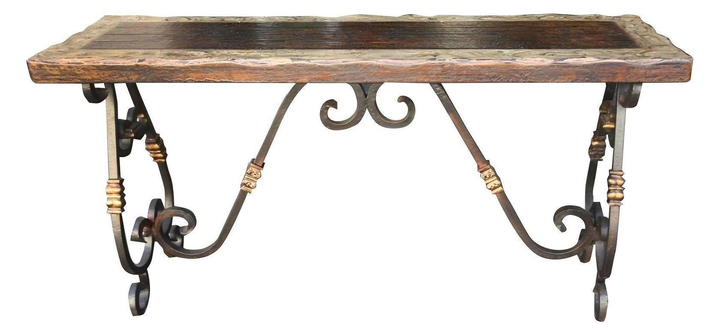 Saint-Malo Console Table, Rustic Brown Live Edge Wood Top, Hand-Forged Iron Scroll Leg Base