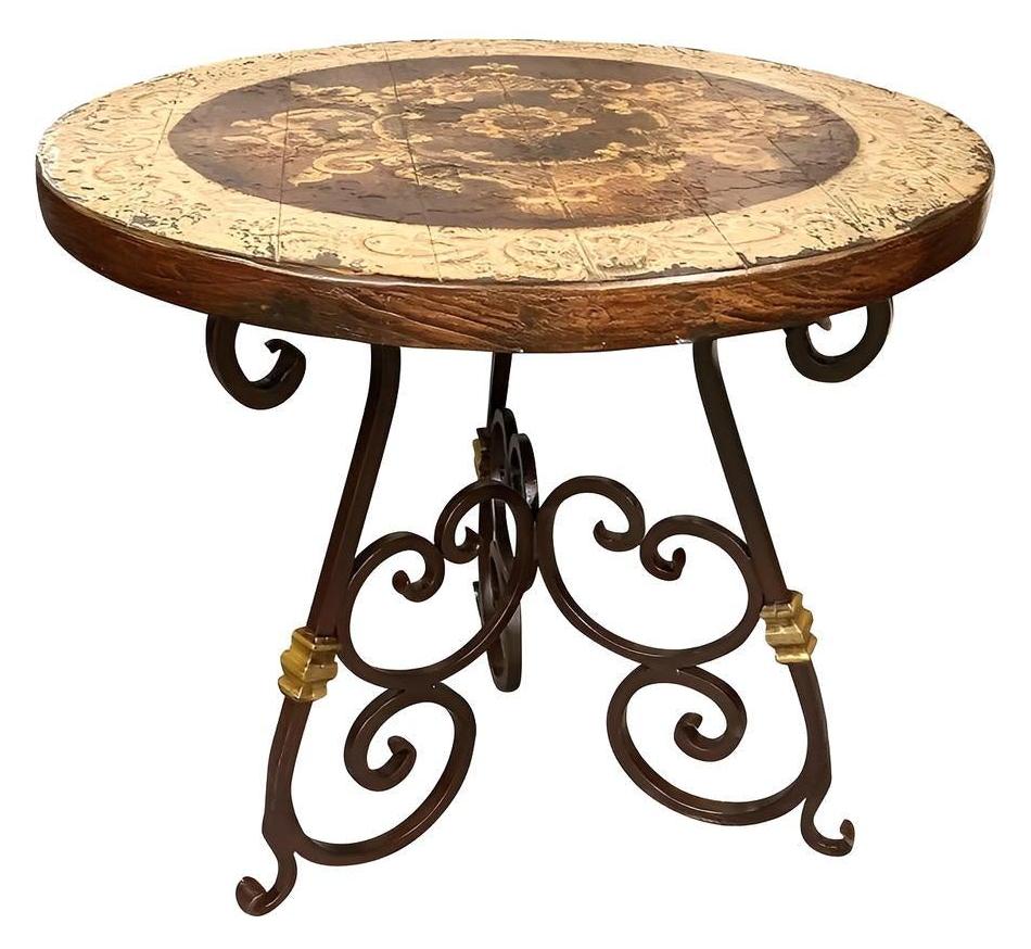 Pérouges End Tables (2-Pack), Antique Brown, Round Mosaic Top With Ornate Wrought Iron Scroll Base