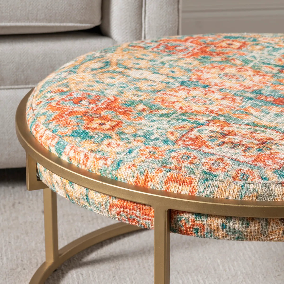 Bellamy Round Printed Upholstered Drum Cocktail or Coffee Table