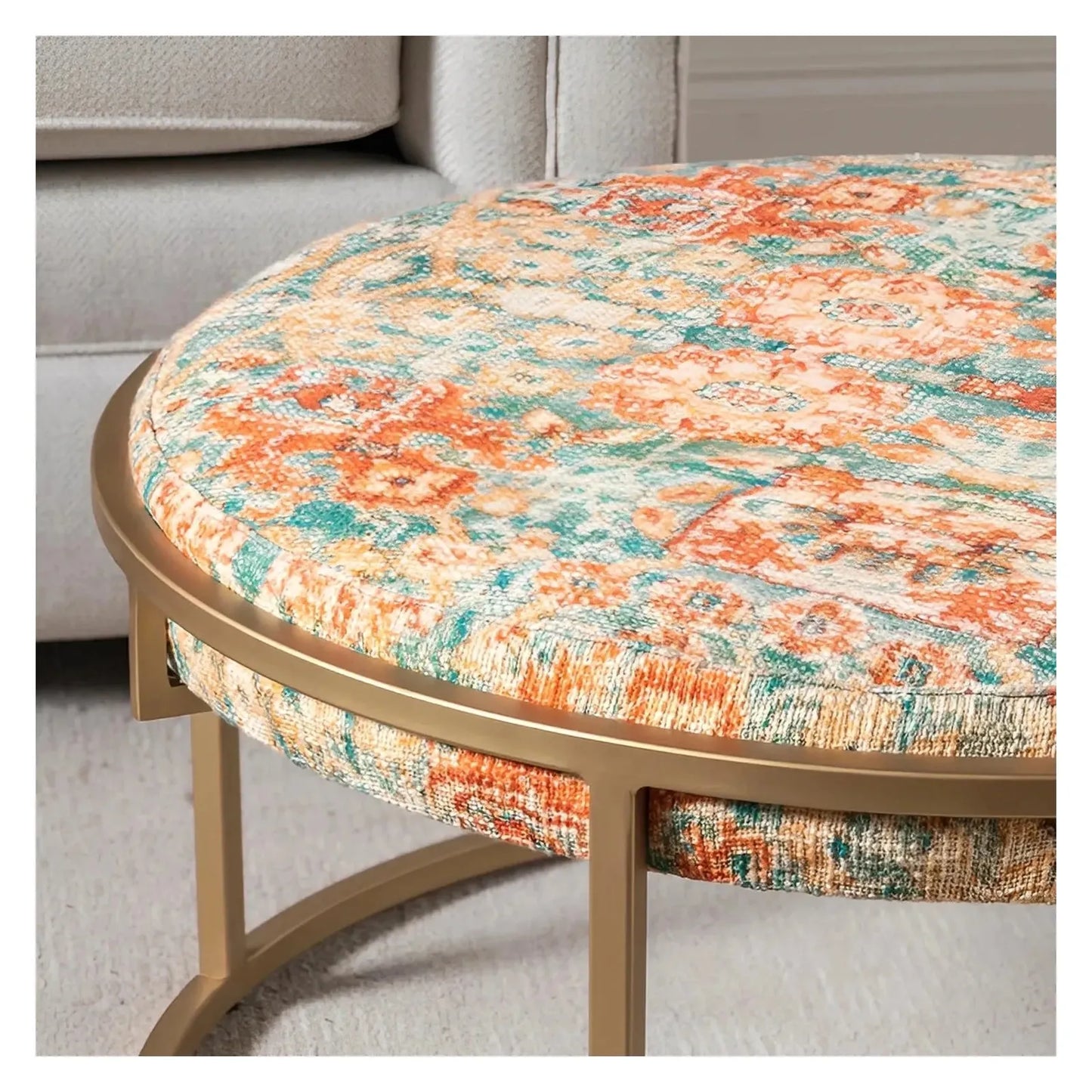 Bellamy Round Printed Upholstered Drum Cocktail or Coffee Table