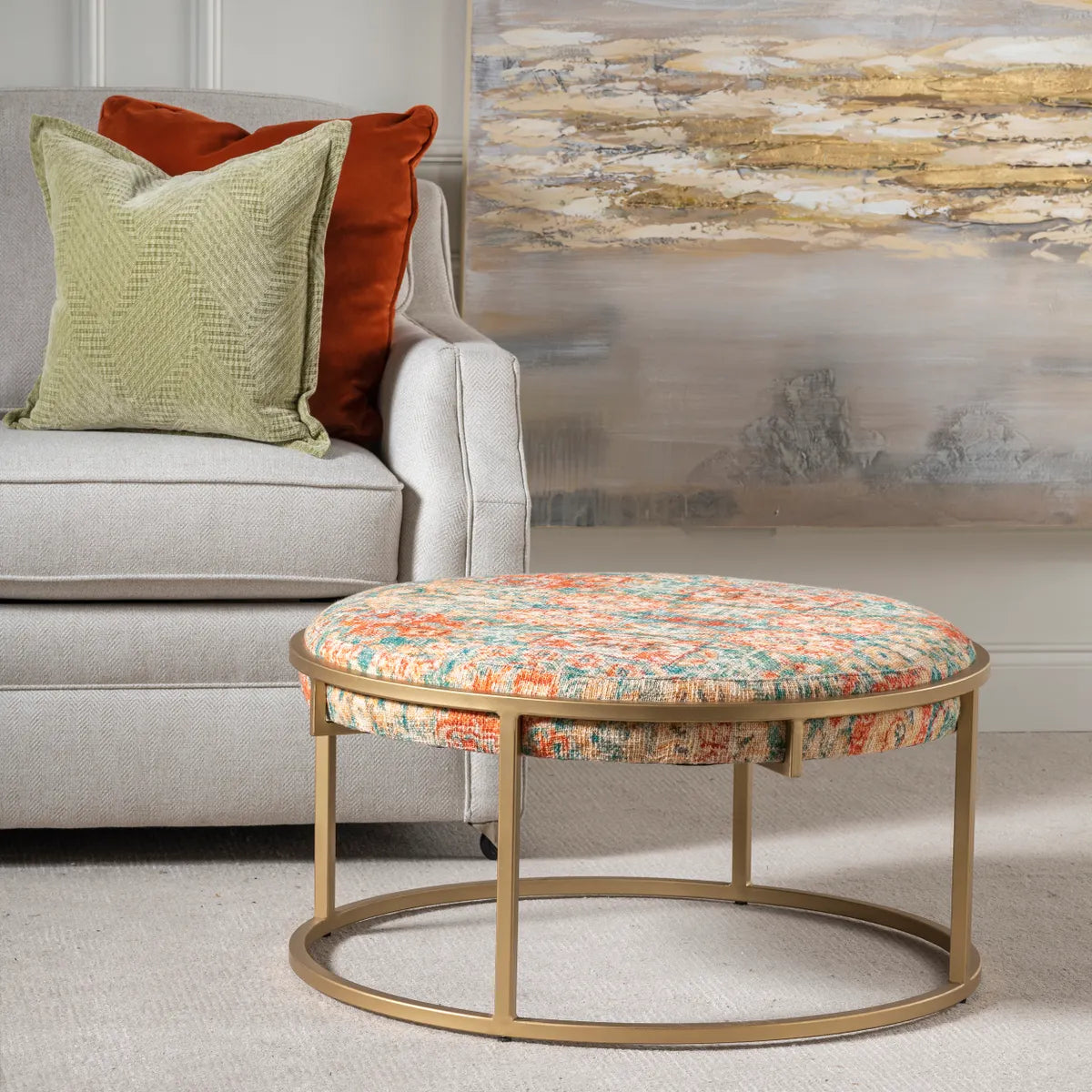 Bellamy Round Printed Upholstered Drum Cocktail or Coffee Table