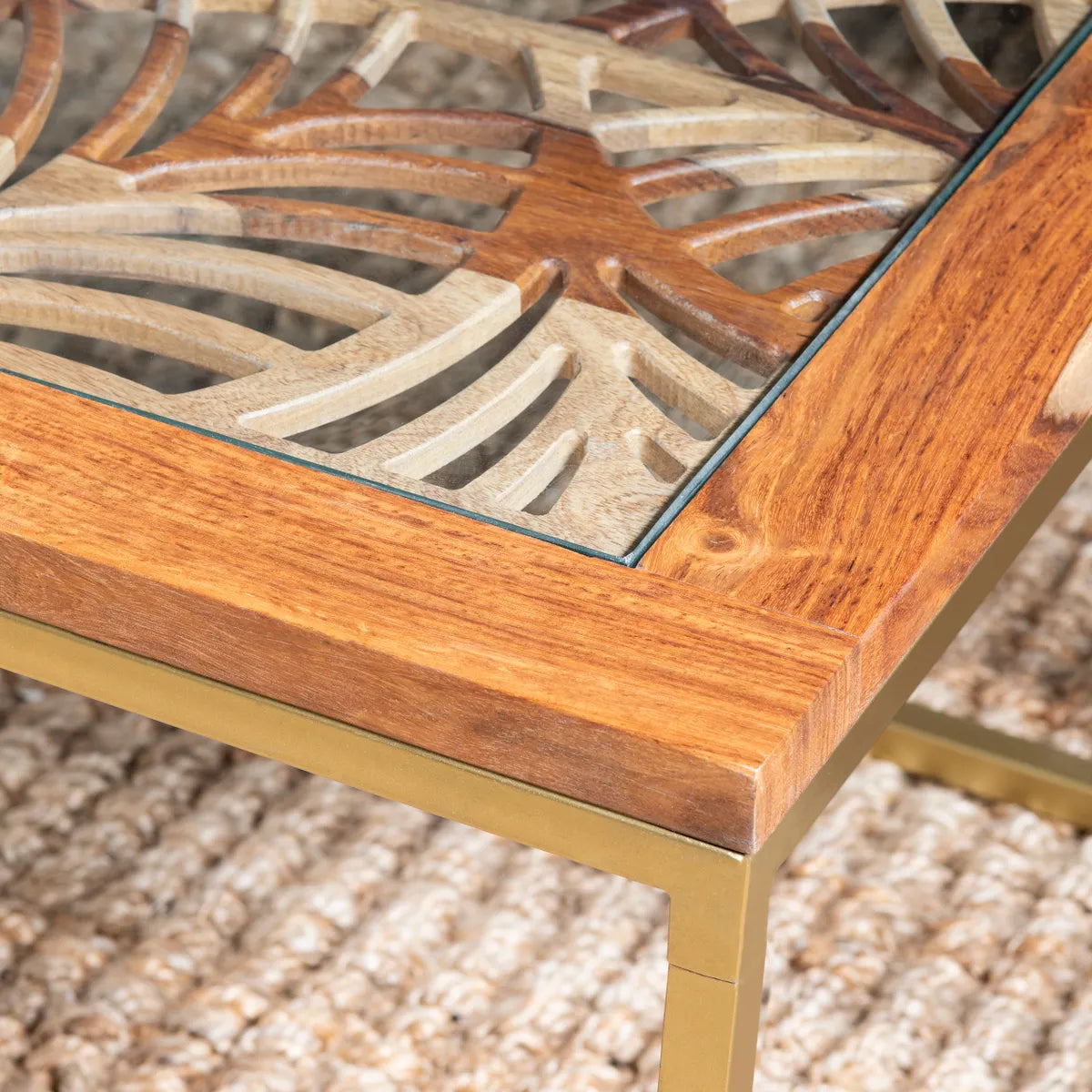 Ashwind Rectangular Laser Cut Acacia And Iron Cocktail or Coffee Table