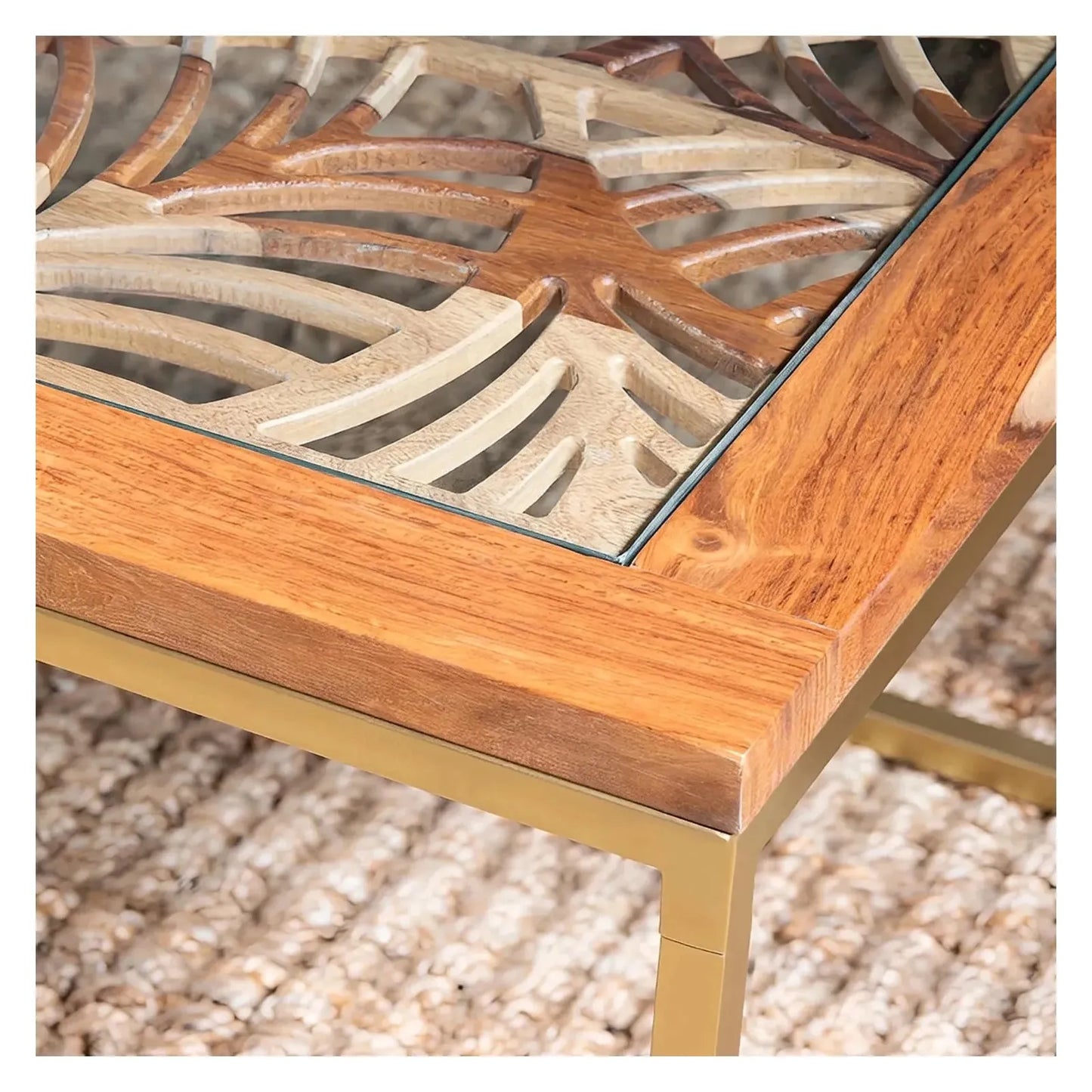 Ashwind Rectangular Laser Cut Acacia And Iron Cocktail or Coffee Table