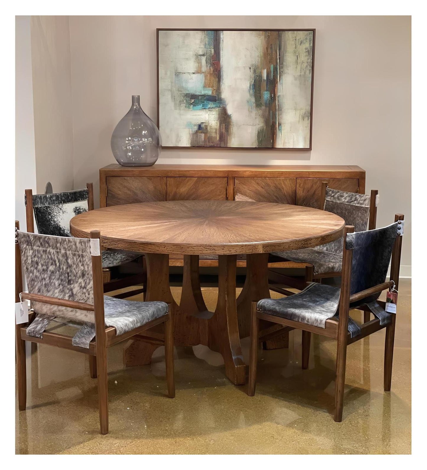 Brioude Dining Table - Round, Natural Walnut Finish, Sunburst Veneer Top, Sculpted Pedestal Base