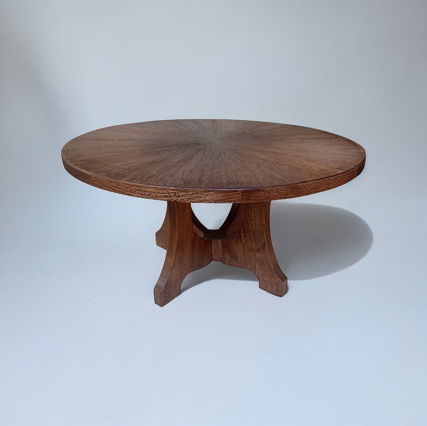Brioude Dining Table - Round, Natural Walnut Finish, Sunburst Veneer Top, Sculpted Pedestal Base
