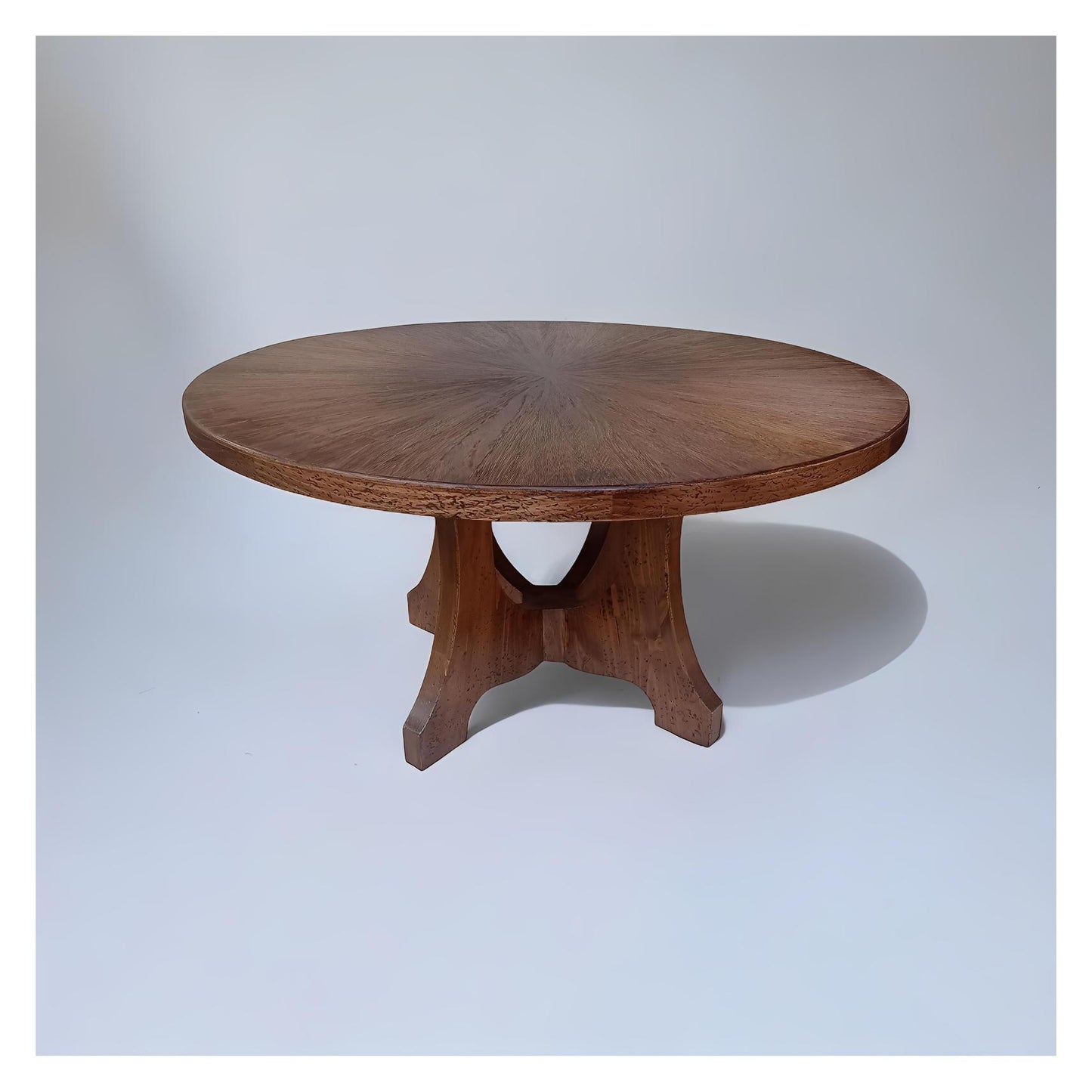 Brioude Dining Table - Round, Natural Walnut Finish, Sunburst Veneer Top, Sculpted Pedestal Base
