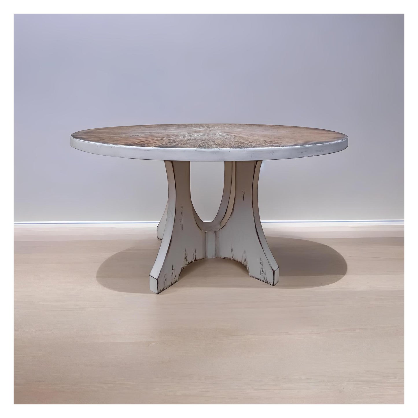 Barfleur Dining Table - Round, Weathered White, Three-arch Pedestal Base