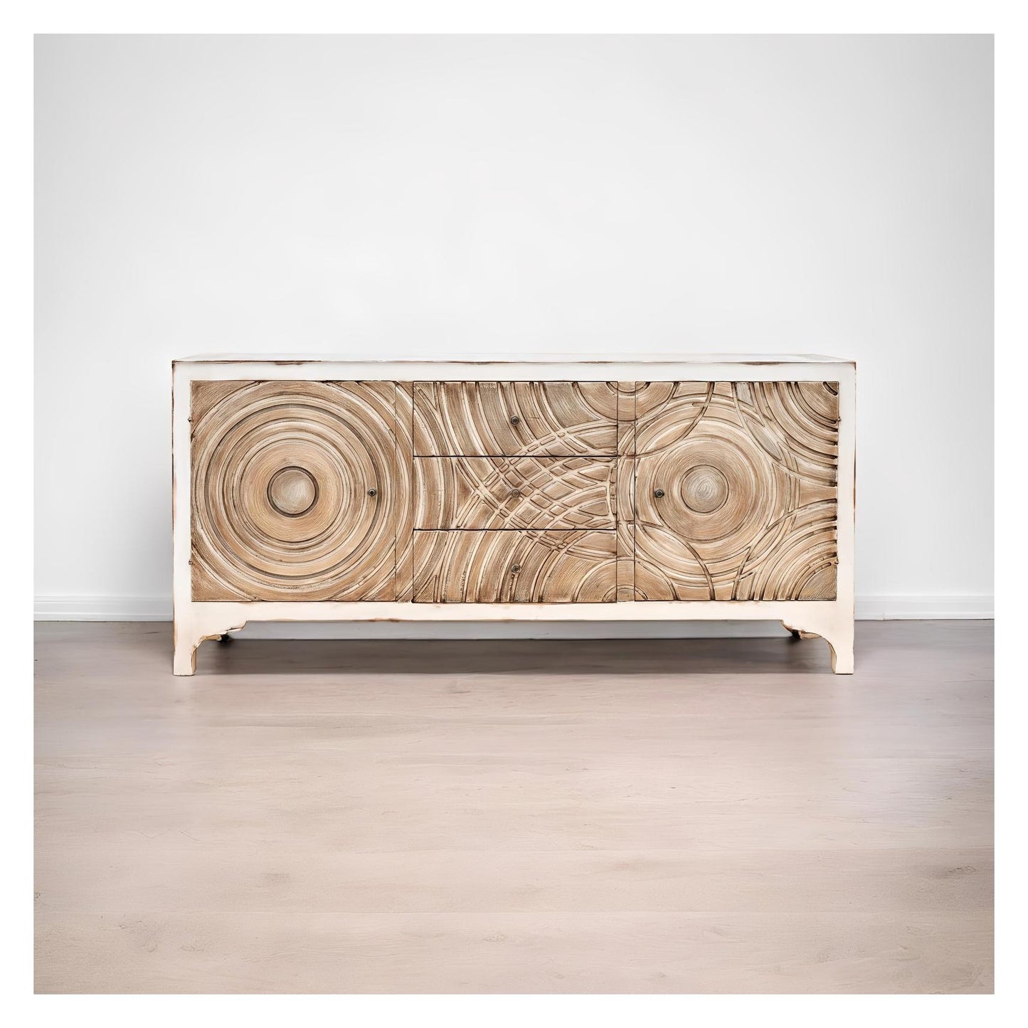 Pignerolles-Inspired Sunburst Buffet in Antique White, Lyon Dining Room Console Table