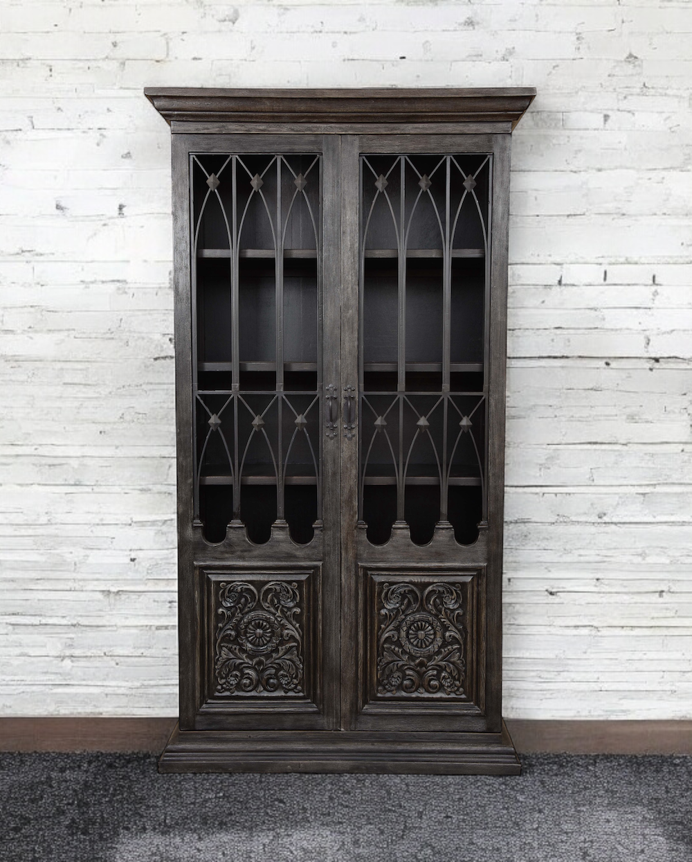 Bagnères Armoire, Dark Espresso Finish, Ornate Carved Panels With Iron Lattice Doors