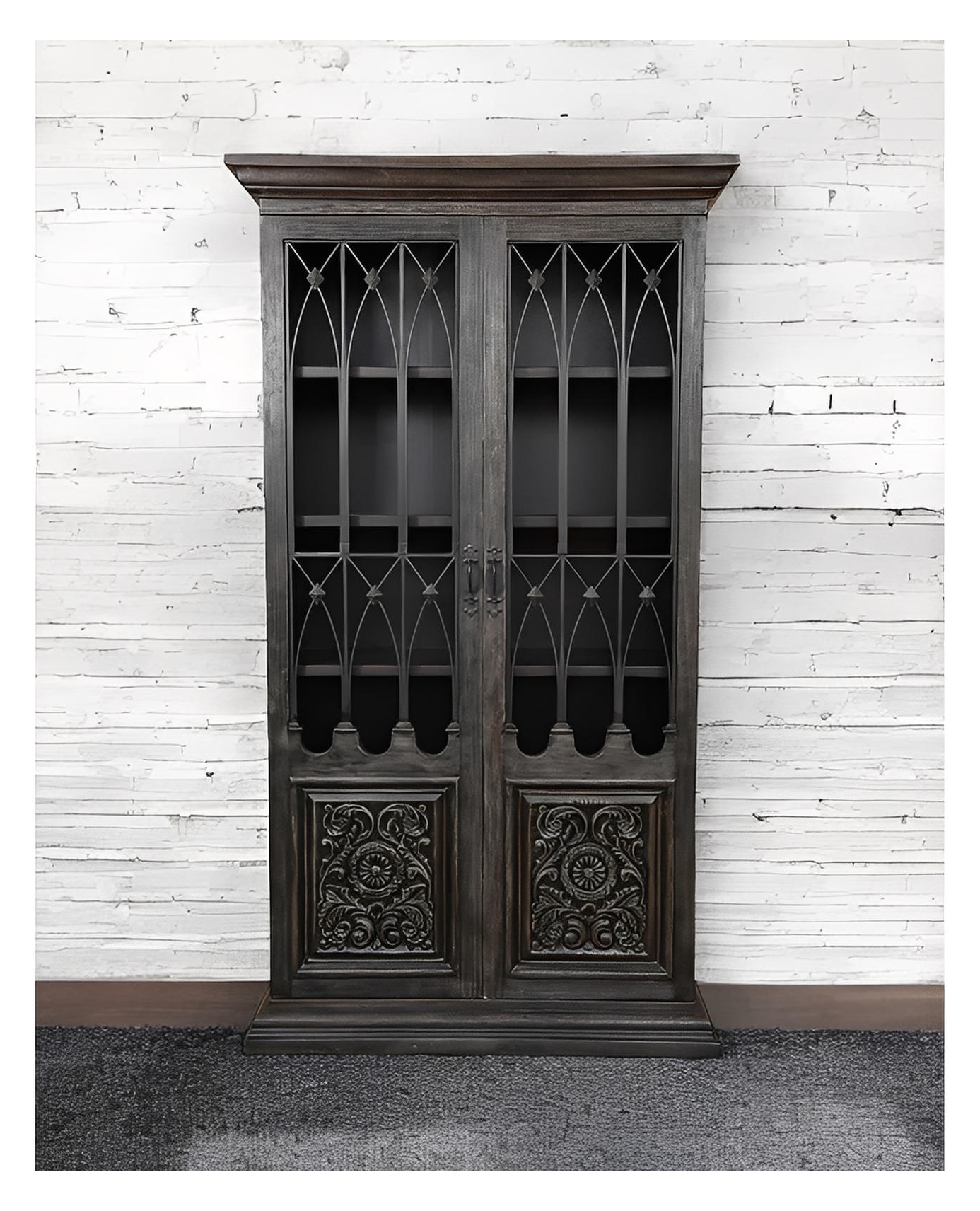 Bagnères Armoire, Dark Espresso Finish, Ornate Carved Panels With Iron Lattice Doors