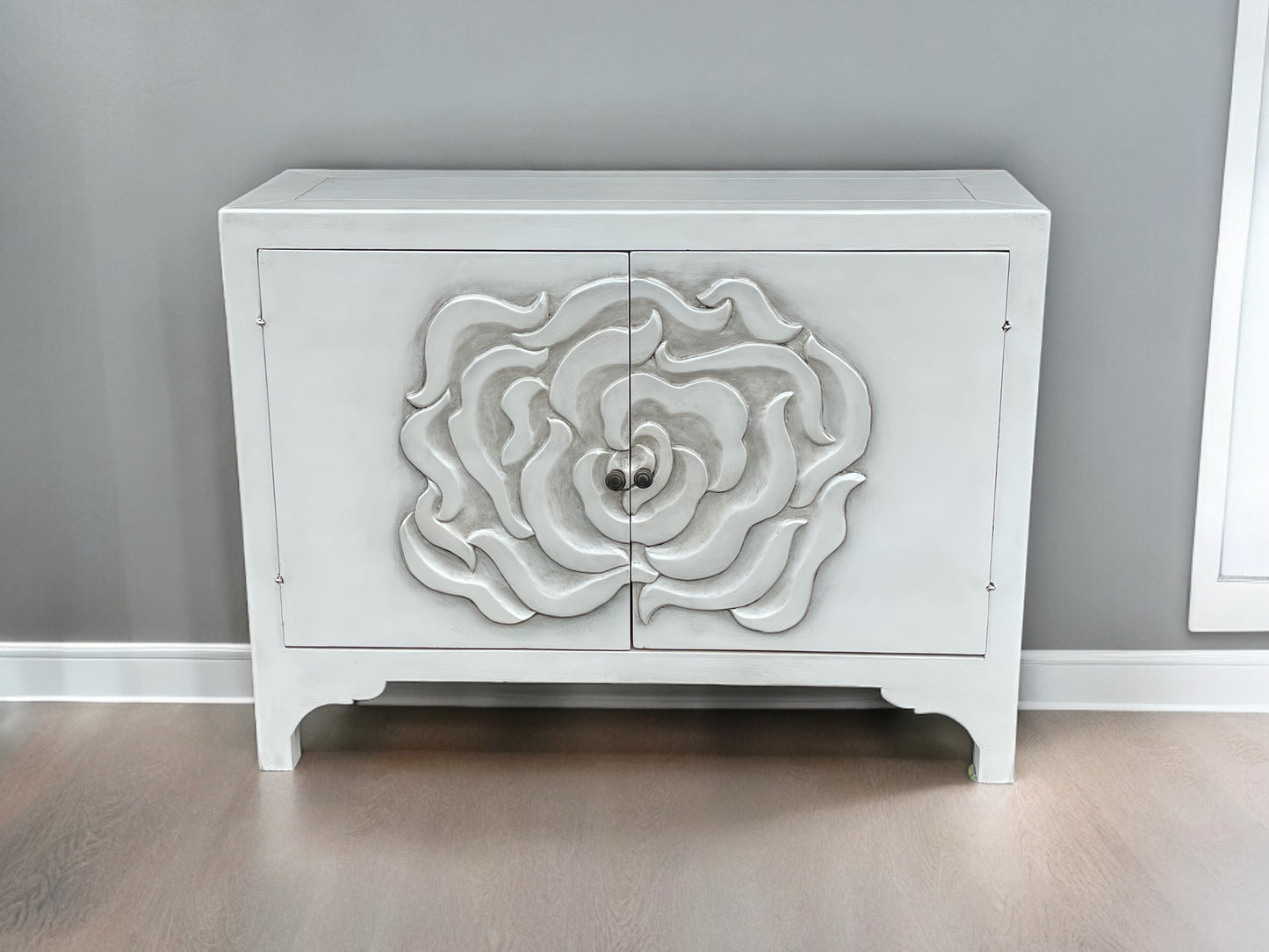 Laguiole Chest White, Hand Carved Floral Rose Motif On Doors, Matte Finish, Premium Hardware