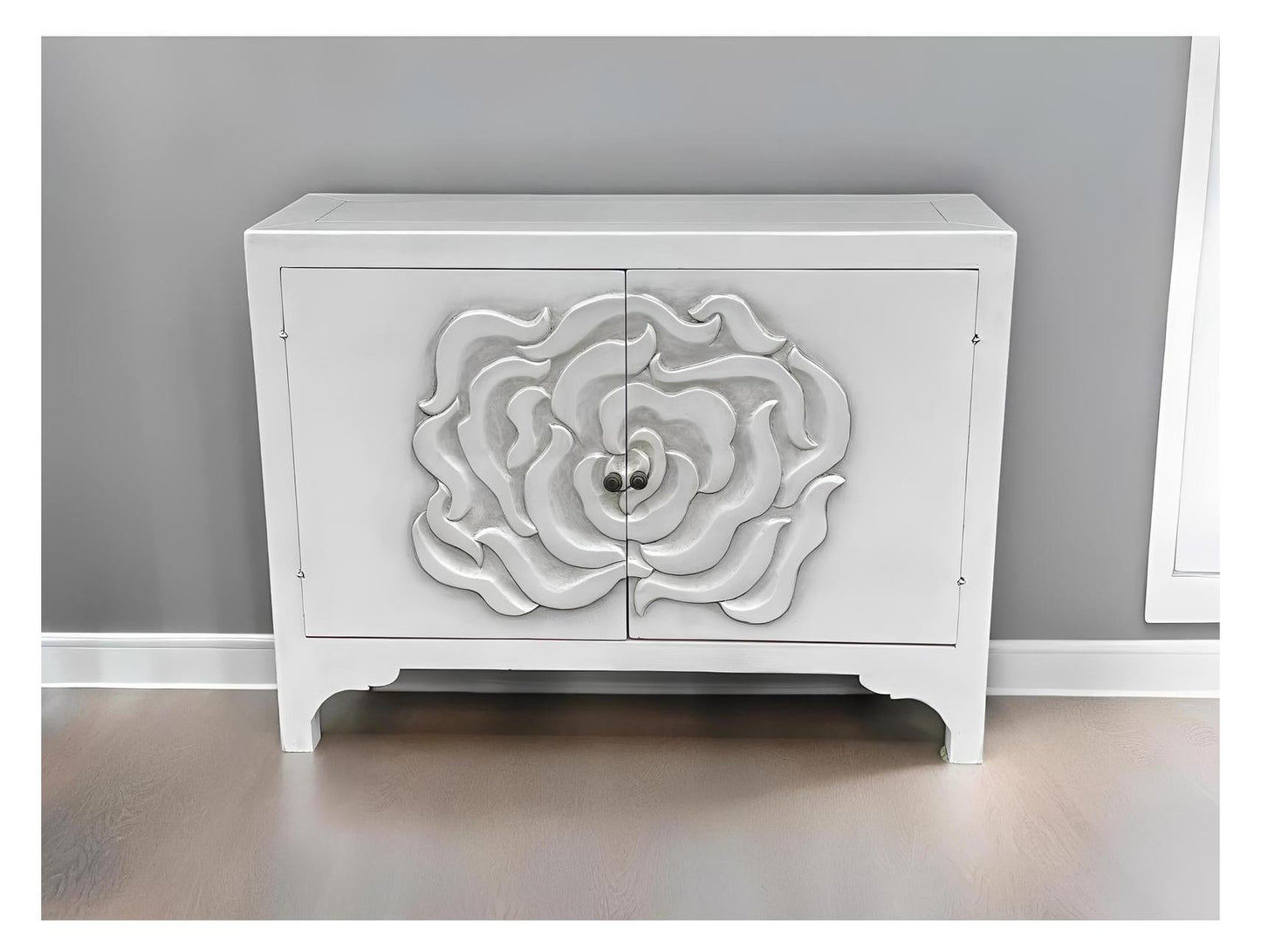 Laguiole Chest White, Hand Carved Floral Rose Motif On Doors, Matte Finish, Premium Hardware