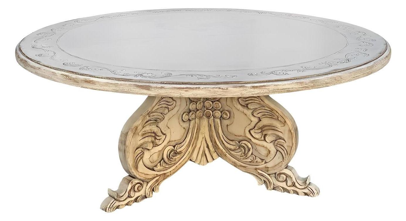 Brouage Dining Table - Round, Weathered White, Carved Pedestal Base With Scrollwork