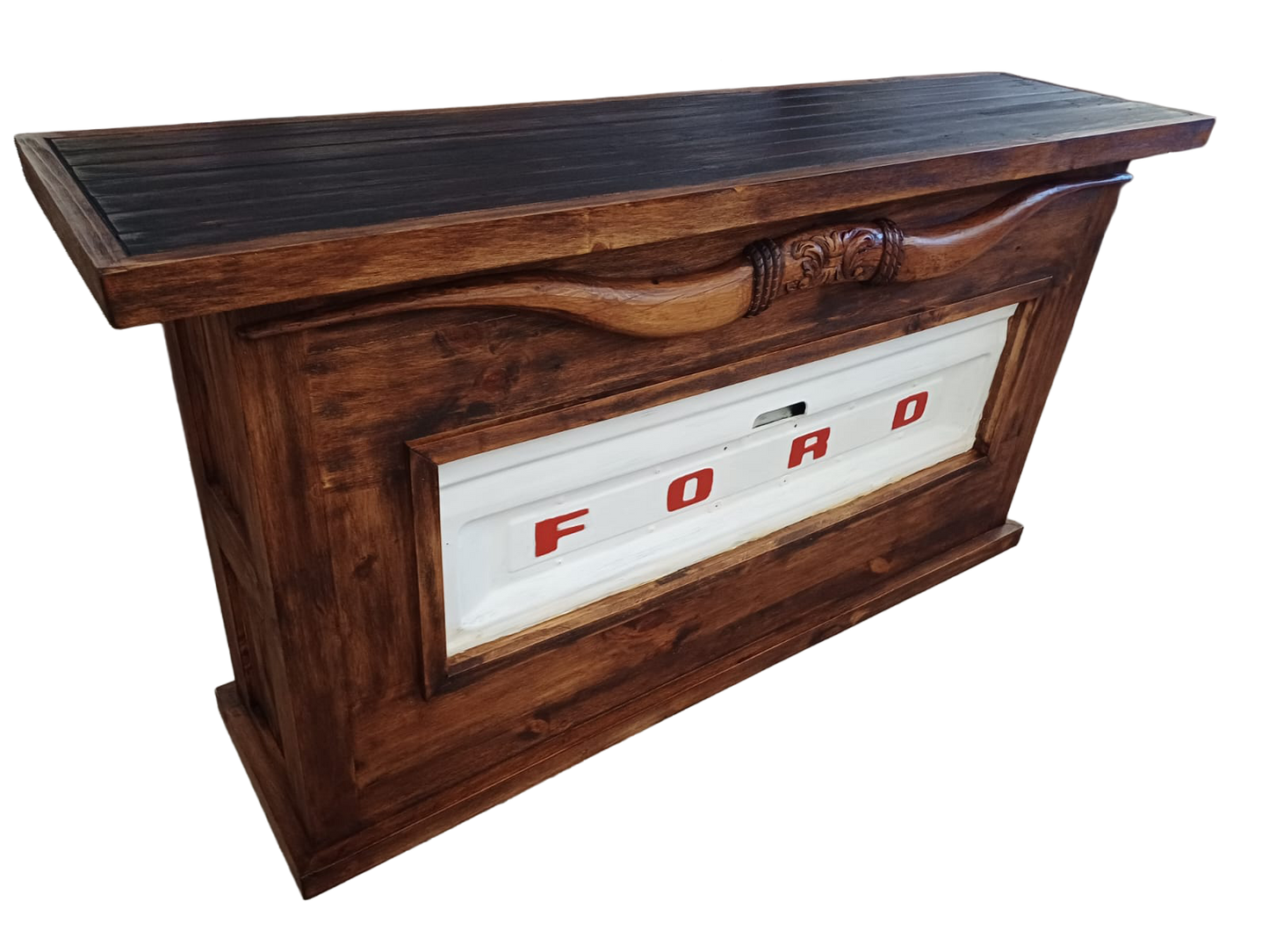 Motor City Wooden Home Bar with Hand-Carved Bull Horns and Built-in WHITE Ford Truck Tailgate 76"x24"x42", Rustic, Western