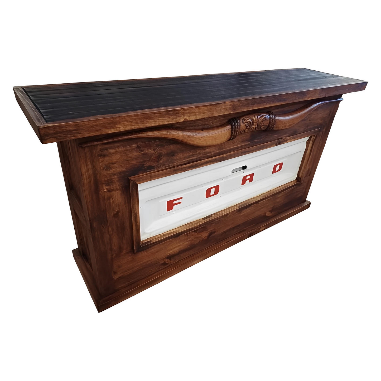 Motor City Wooden Home Bar with Hand-Carved Bull Horns and Built-in WHITE Ford Truck Tailgate 76"x24"x42", Rustic, Western
