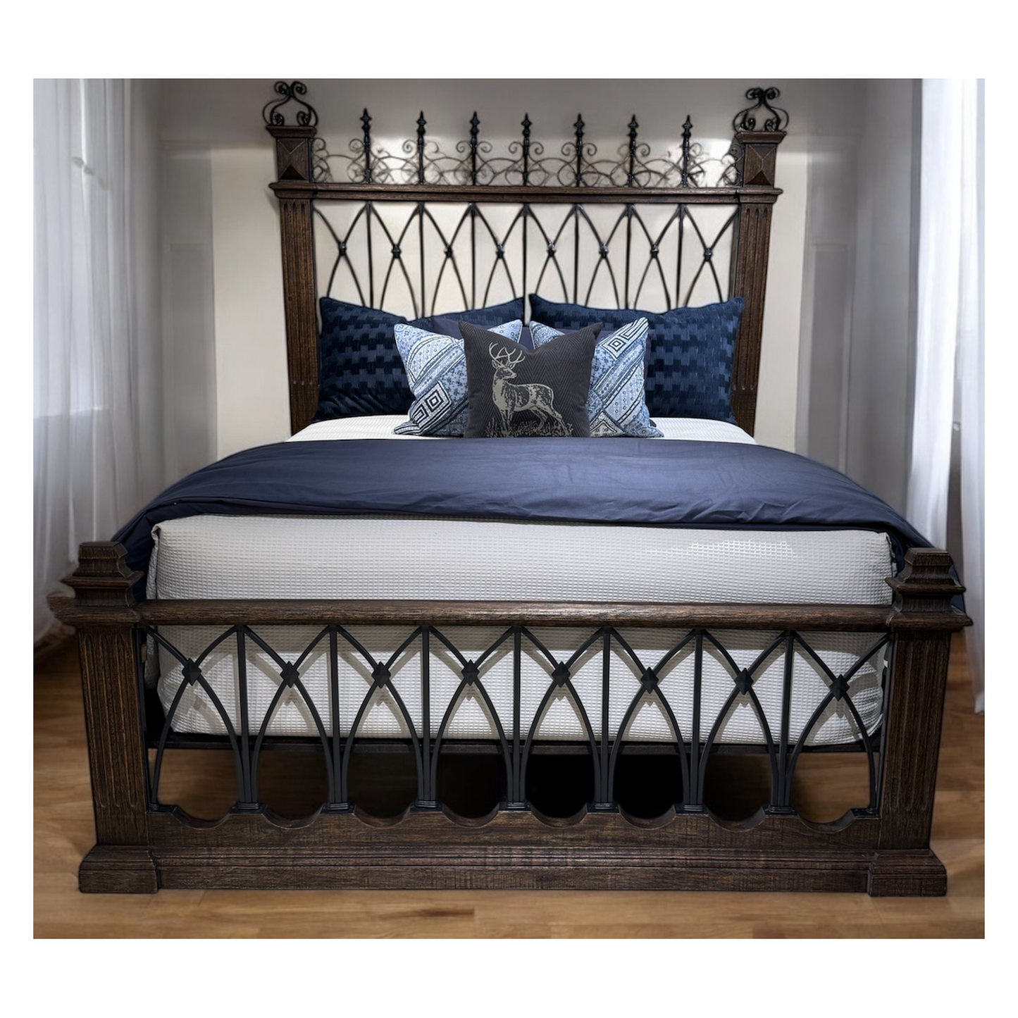 REALEZA BED 89" Tall | Wrought Iron Headboard and Footboard | Victorian Style | Dark Brown Wood Frame | Bed Only | Includes Delivery and Assembly