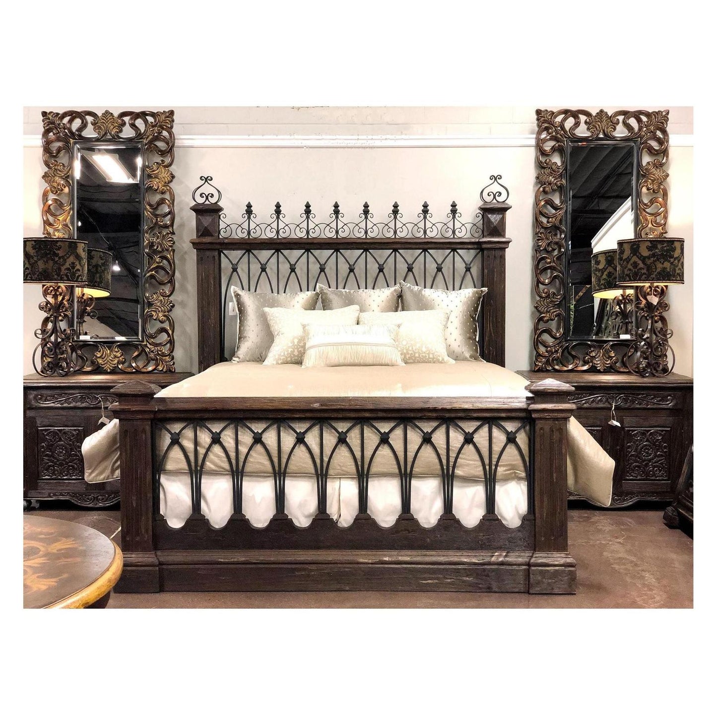 REALEZA BED 89" Tall | Wrought Iron Headboard and Footboard | Victorian Style | Dark Brown Wood Frame | Bed Only | Includes Delivery and Assembly