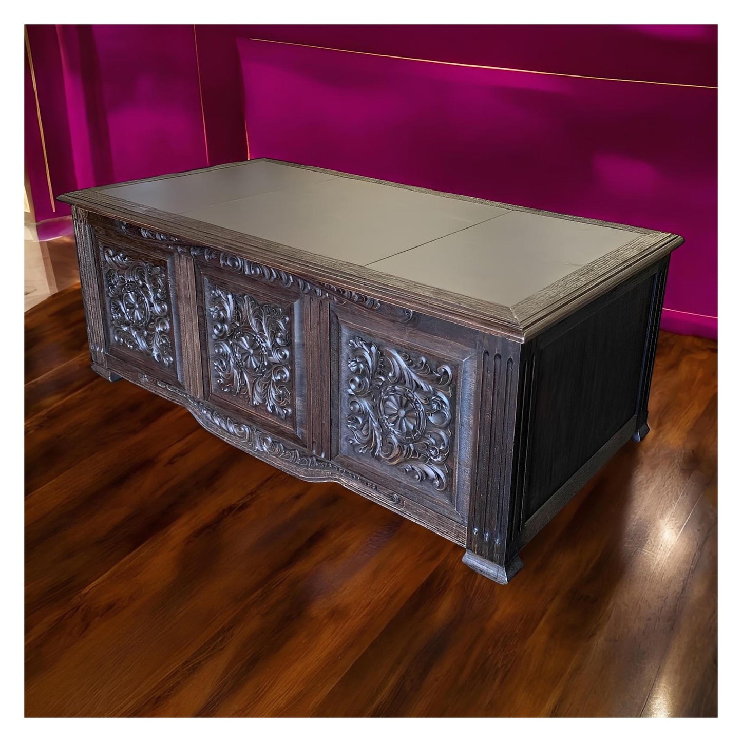 Alet-les-Bains Executive Office Desk, Dark Brown, Hand-Carved Floral Panels