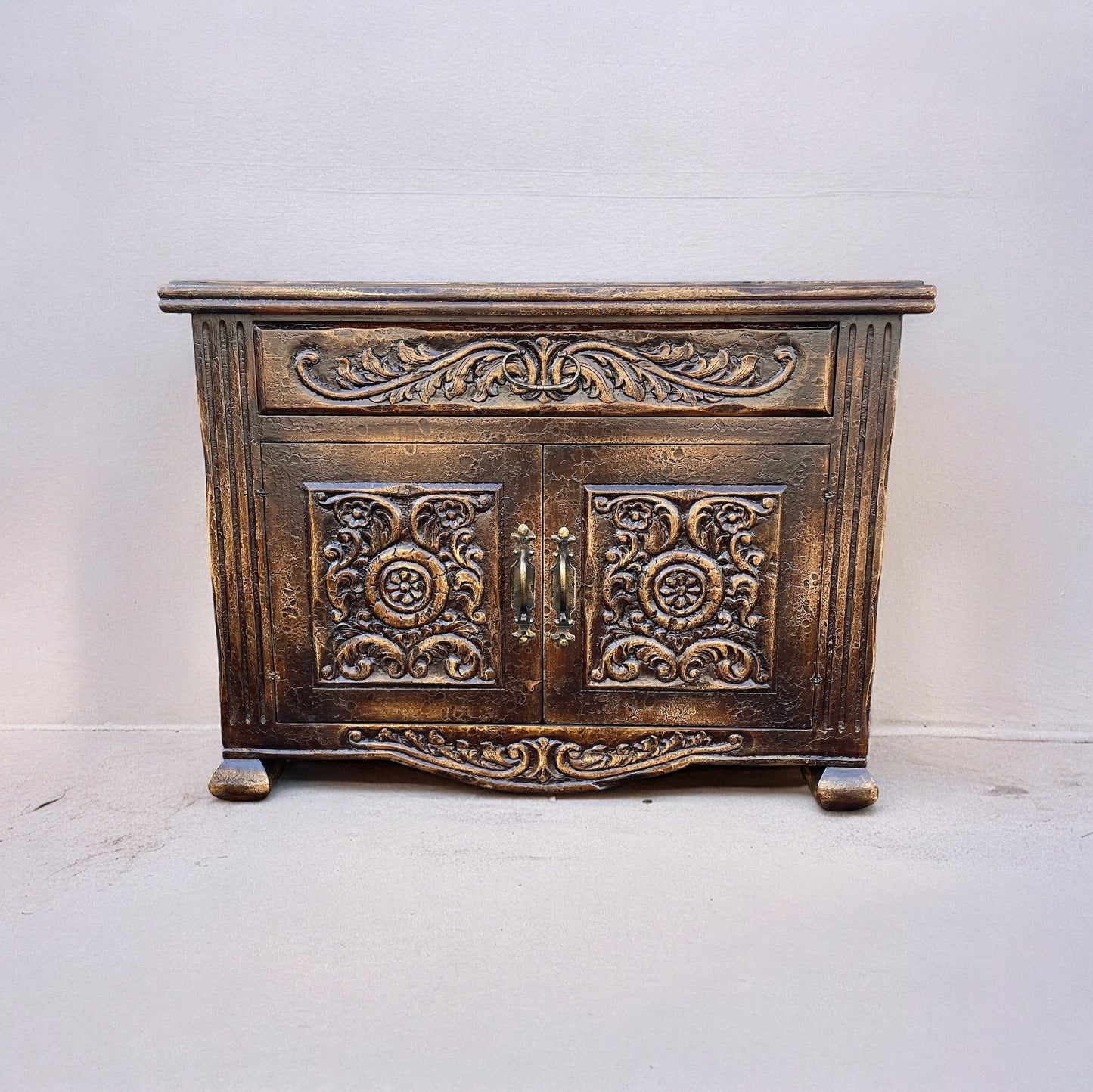 Couhé Nightstands (2-Pack) Antique Bronze Finish, Intricate Carved Scrollwork Front Panels