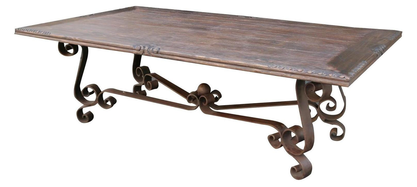 Yvoire Dining Table - Rectangular, Rustic Brown Finish, Hand-Forged Scrollwork Iron Base