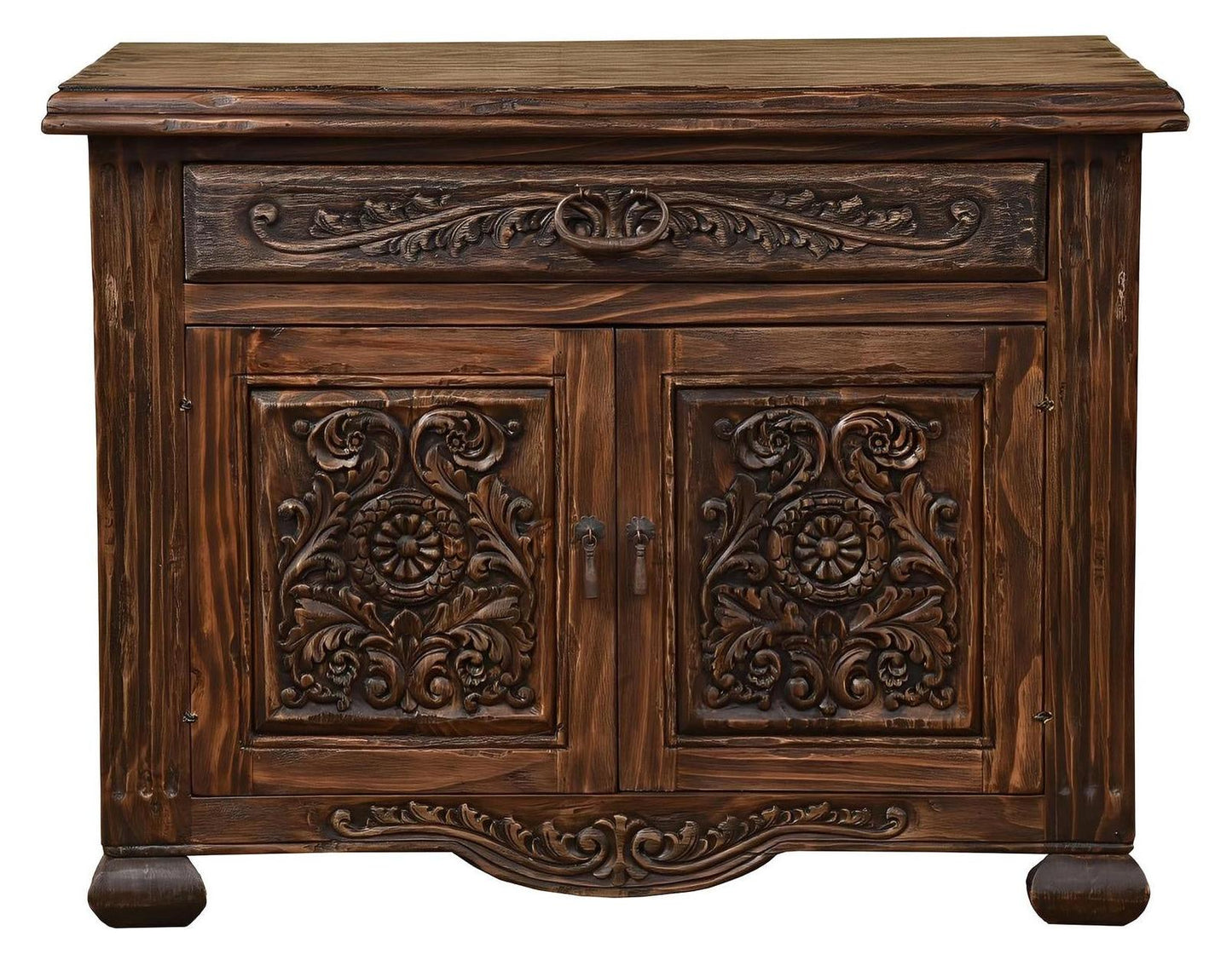Realeza Nightstands (2-Pack), Dark Walnut Finish, Hand Carved Floral Panel Front