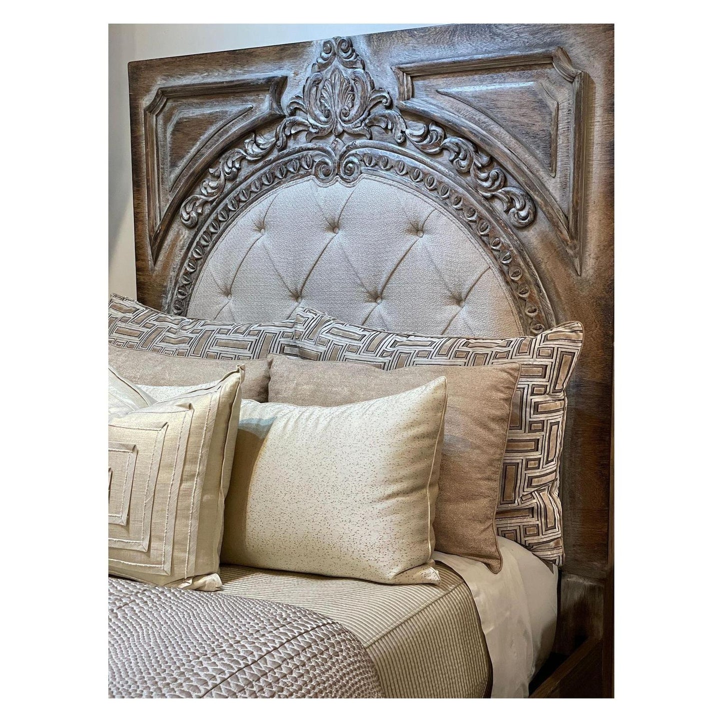 AURELIAN BED 87" Tall | Carved Headboard with Tufted Tan Fabric | Rustic Distressed Finish | Brown Wood | Bed Only | Includes Delivery and Assembly