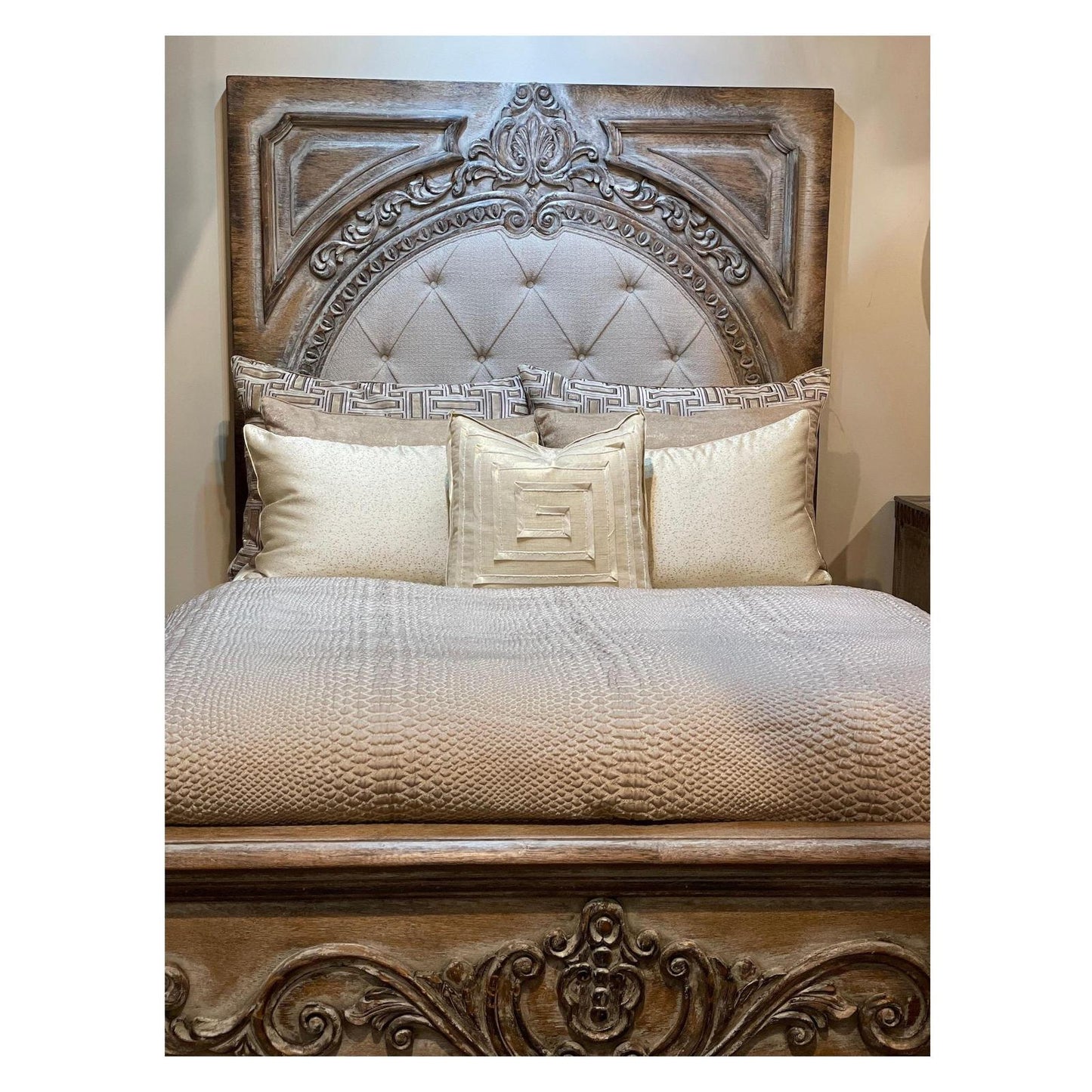AURELIAN BED 87" Tall | Carved Headboard with Tufted Tan Fabric | Rustic Distressed Finish | Brown Wood | Bed Only | Includes Delivery and Assembly