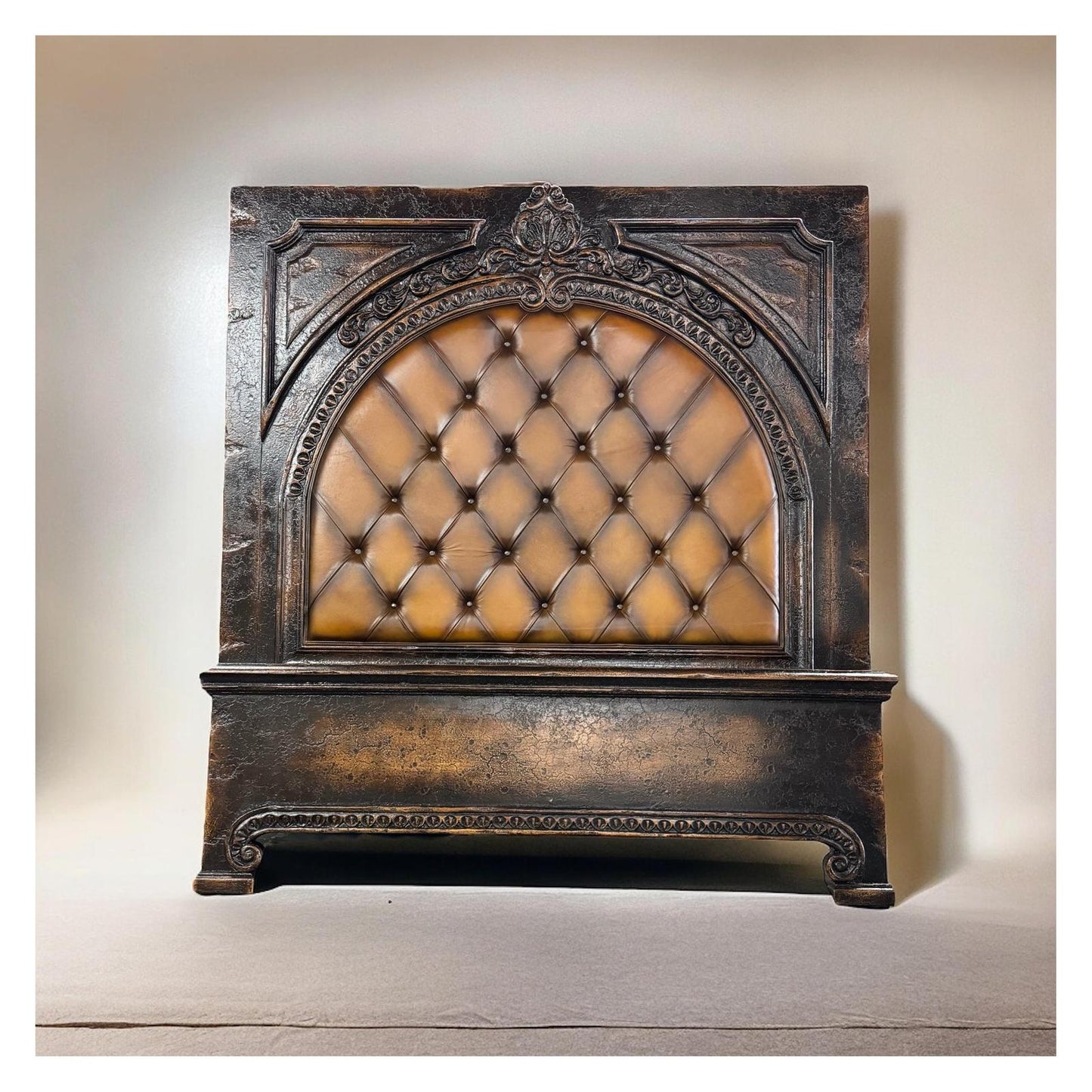RAFAELE BED 87" Tall | Carved Headboard with Tufted Tan Leather | Rustic Distressed Finish | Dark Brown Wood | Bed Only | Includes Delivery and Assembly