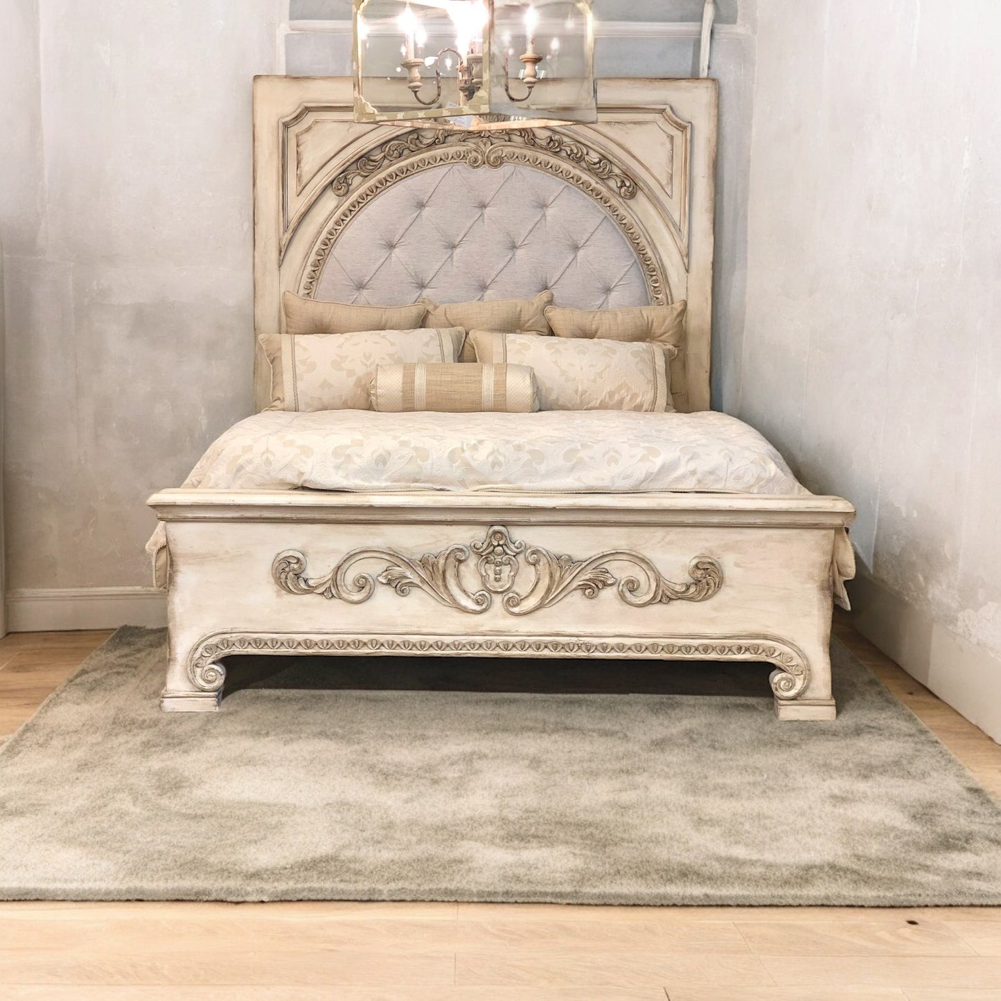 FRANCESCA KING BED 87" Tall | Carved Headboard with Tufted White Fabric | Rustic Distressed Finish | Waxed Off-White Wood | Bed Only | Includes Delivery and Assembly