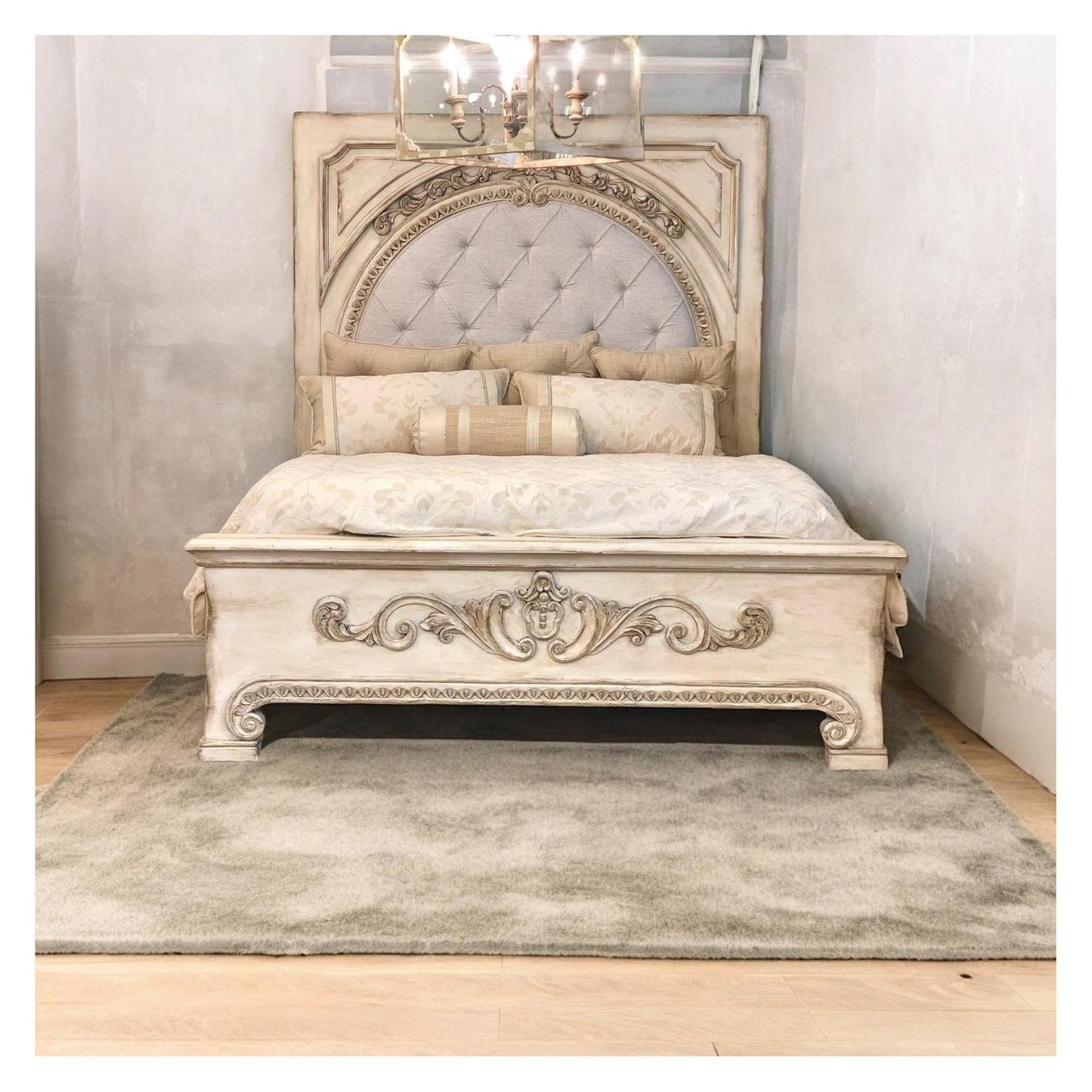 ALESSANDRA BED 87" Tall | Carved Headboard with Tufted White Fabric | Rustic Distressed Finish | Waxed Off-White Wood | Bed Only | Includes Delivery and Assembly
