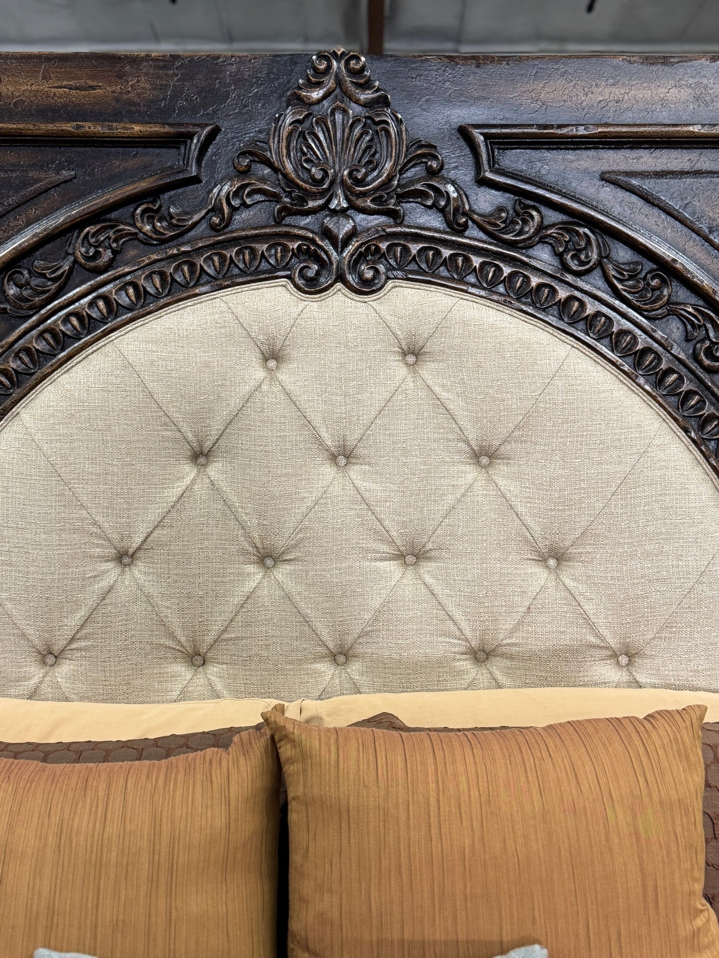Le Marquis BED 87" Tall | Carved Headboard with Tufted Tan Fabric | Rustic Distressed Finish | Dark Brown Wood | Bed Only | Includes Delivery and Assembly