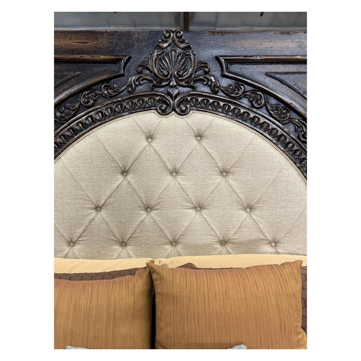 Le Marquis BED 87" Tall | Carved Headboard with Tufted Tan Fabric | Rustic Distressed Finish | Dark Brown Wood | Bed Only | Includes Delivery and Assembly