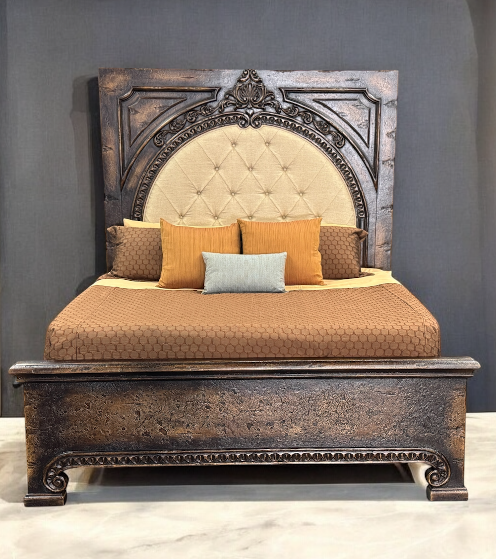 Le Marquis BED 87" Tall | Carved Headboard with Tufted Tan Fabric | Rustic Distressed Finish | Dark Brown Wood | Bed Only | Includes Delivery and Assembly