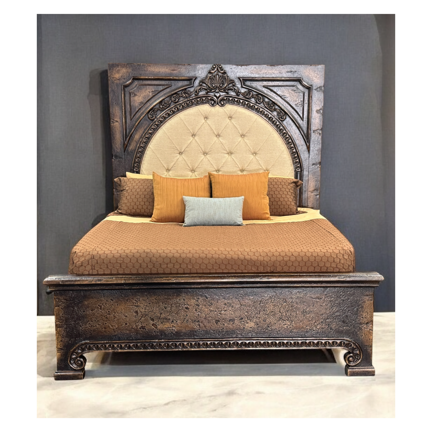 Le Marquis BED 87" Tall | Carved Headboard with Tufted Tan Fabric | Rustic Distressed Finish | Dark Brown Wood | Bed Only | Includes Delivery and Assembly